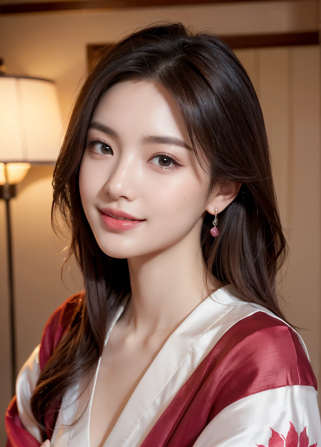 (Female, 22 years old), (medium breasts:1.3), Navel, hotels room、 ((Grab the viewer's hand)), (master piece: 1.3), (max resolution: 1.4), (UltraHD: 1.2), cinematric light, UltraHD, (Detailed eyes and skin), (detailed facial features), nffsw, 8K分辨率, Perfect Style, Beautiful expression、Highly detailed facial and skin texture、A detailed eye、二重まぶた、Glitter Eyeliner:1.2、(eyeshadows:1.3)、thin cheeks、(fair white skin:1.3)、shiny earrings,Red Rouge:1.2、shiny lip:1.2、((FULL BODYSHOT:1.2))、((From a very intimate distance:1.2))、((silk red kimono))、high-heels、(Layered Hair Style、dark pink hair)、medium-Long hair、(Very affectionate smile:1.2)