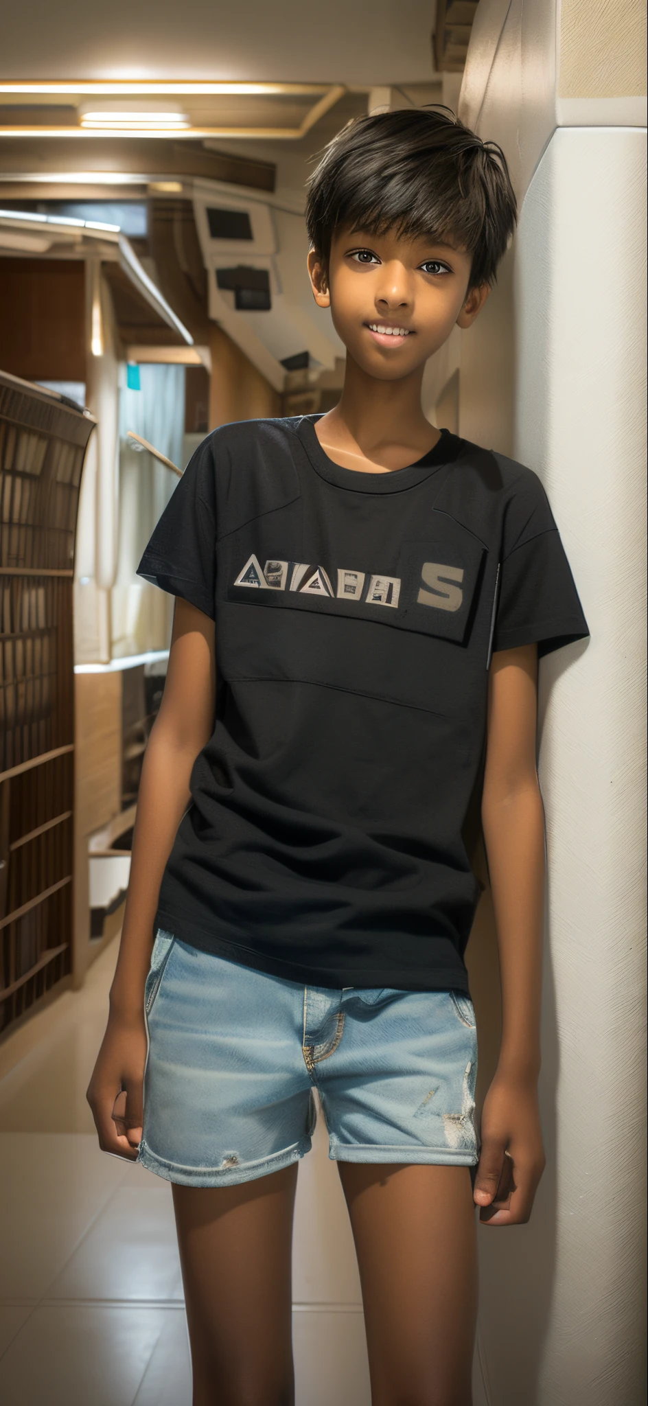 14 year old boy，Wheat-colored skin，Ragged denim shorts，black t-shirts，largeeyes，Blue super short hair，tall and lanky skinny，fully body photo，A junior high school student，Grinning，k hd，hyper HD，8K