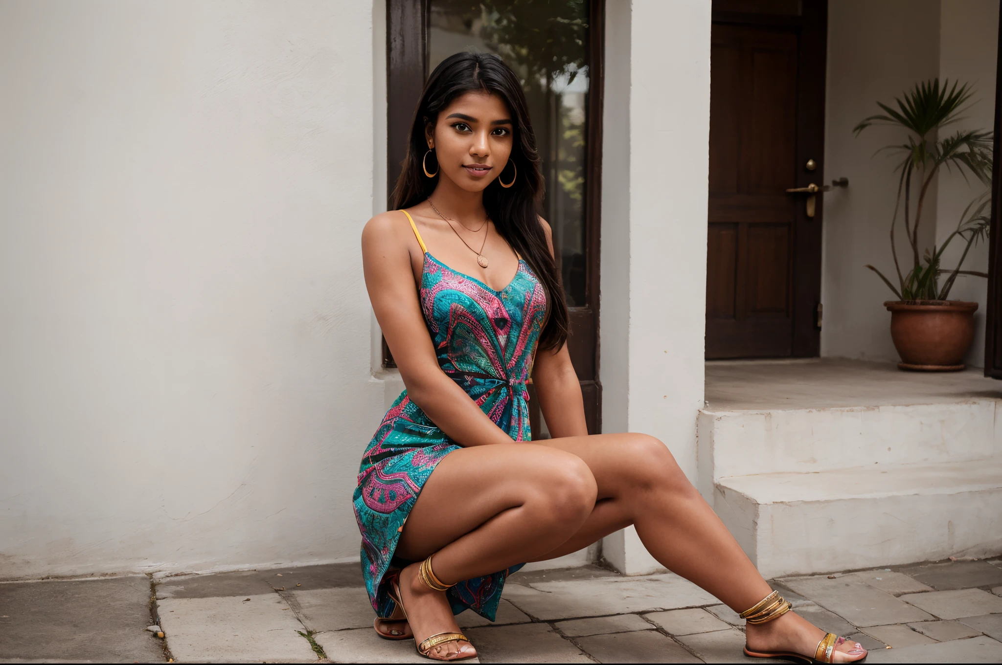 (Full body portrait:1.4), RAW UHD portrait full body photo of a 22-year-old Sri Lankan woman named Kasuni, long dark hair, dark skin, black eyes, athletic feminine features, abs, DSLR, ultra quality, sharp focus, tack sharp, photorealistic, detailed skin pores, detailed hands, detailed face, oiled skin, intricate eye detail, ((sitting in a couch beach hotel indoor background)), (( floral beach dress)), loafers, earrings, necklace, colorful bangles, natural lighting.