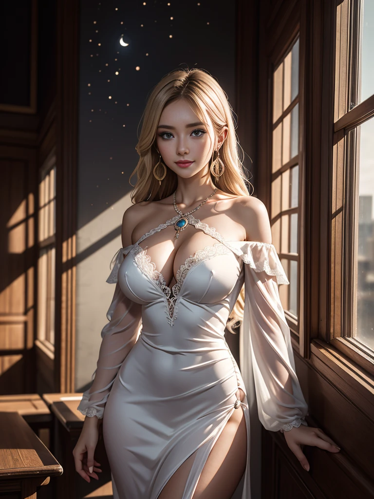 tmasterpiece,Highest image quality,super detailing,Enchanted smile,amazing face and eyes, cosmetics, (extremely detailed beautiful face), (The sexiest look), deep understanding,Naked of breast,(Best quality:1.4), (ultra - detailed), (extremely detaild的 CG unified 8k wallpapers), The content is very detailed, RAW photos, professional photoshooting, Sexy lace transparent off-shoulder slit evening dress,Indoor and below, (Office room, Dark Office, rays of moonlight), (nigh sky), depth of fields,face flushed,raised eyebrow,Very shy,blond hair blue eyes,Sexy female secretary,looking at viewert,Dreamcatcher earrings,epic,concept-art,Upturned breasts,nice breasts,Beautiful udder,