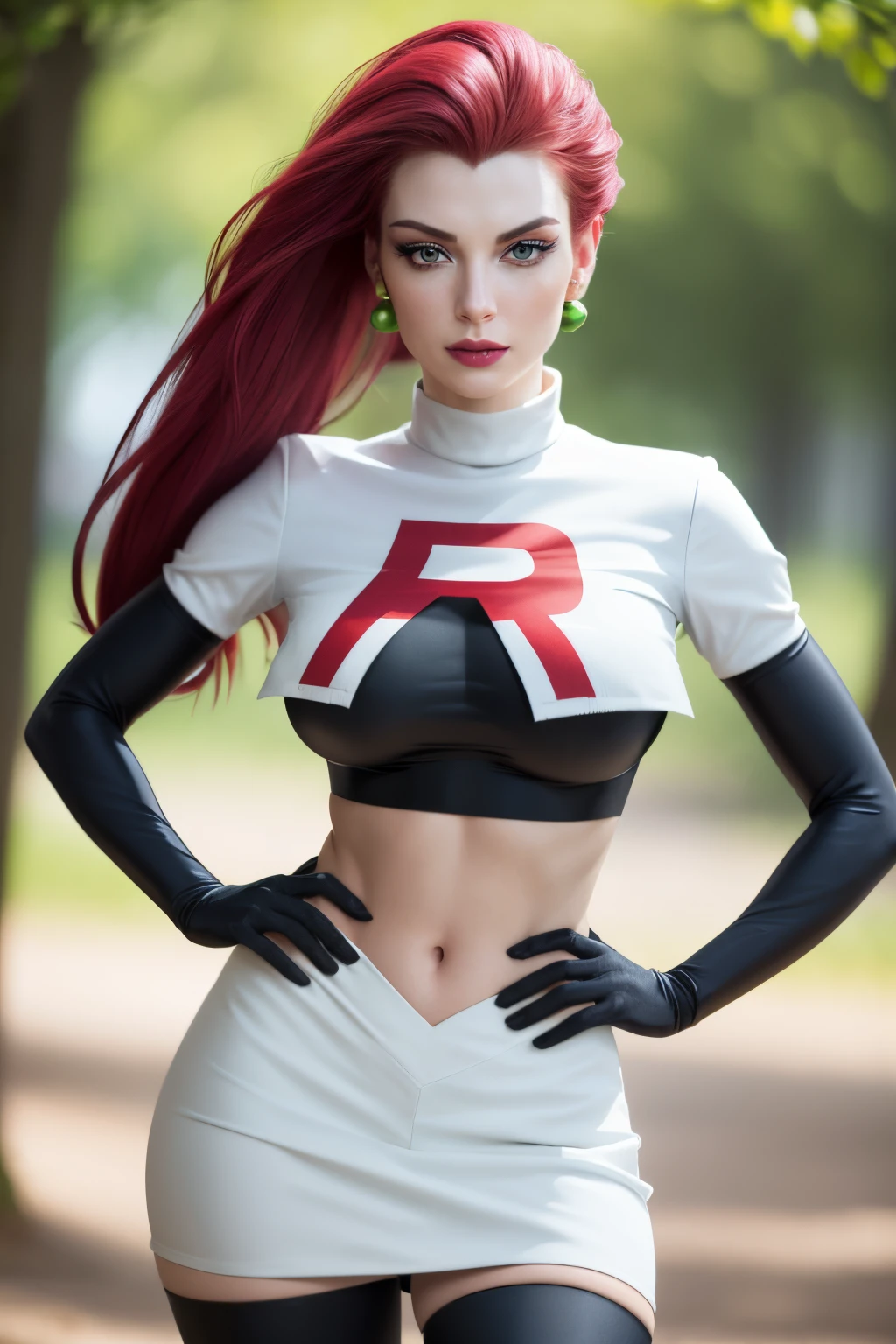 jessie pokemon, 1girl, breasts, crop top, hair slicked back, jewelry, blue eyes, navel, long hair, skirt, team rocket, earrings, red hair, gloves, thighhighs, underwear, large breasts, midriff, white skirt, elbow gloves, black gloves, blush, team rocket uniform, looking at viewer, hand on hip, very long hair(insanely detailed, beautifully detailed face, masterpiece, beautifully detailed eyes, best quality) ultra high res,4K,ultra-detailed, photography, 8K, HDR, highres, (absurdres:1.2), Kodak portra 400, film grain, blurry background, (bokeh:1.2), lens flare, (vibrant_color:1.2),professional photograph, (beautiful_face:1.5), ,(((pov 1.3)))