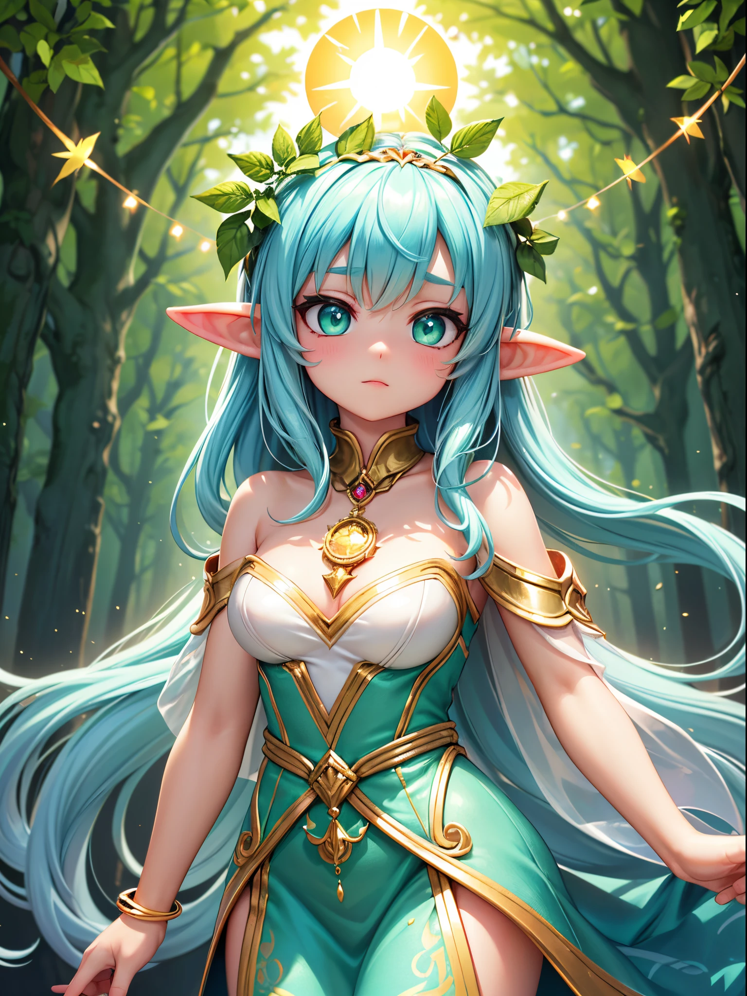 (a close-up medium portrait of a graceful Fae with green eyes, light blue long hairs and elf ears, wearing a green light luminance princess dress decorated with golden decorations, she also wears a thin rope with leaves around her head, a mystical being of ethereal beauty, standing amidst an enchanting place, a sun-dappled forest that exudes an air of ancient magic and wonder.) Centerpiece, aura of enchantment, exquisite details, delicate features, captivating presence, transparent wings, glow with stunning luminous blue radiance, sharp focus, dreamy lights, UHD, HD, 8K