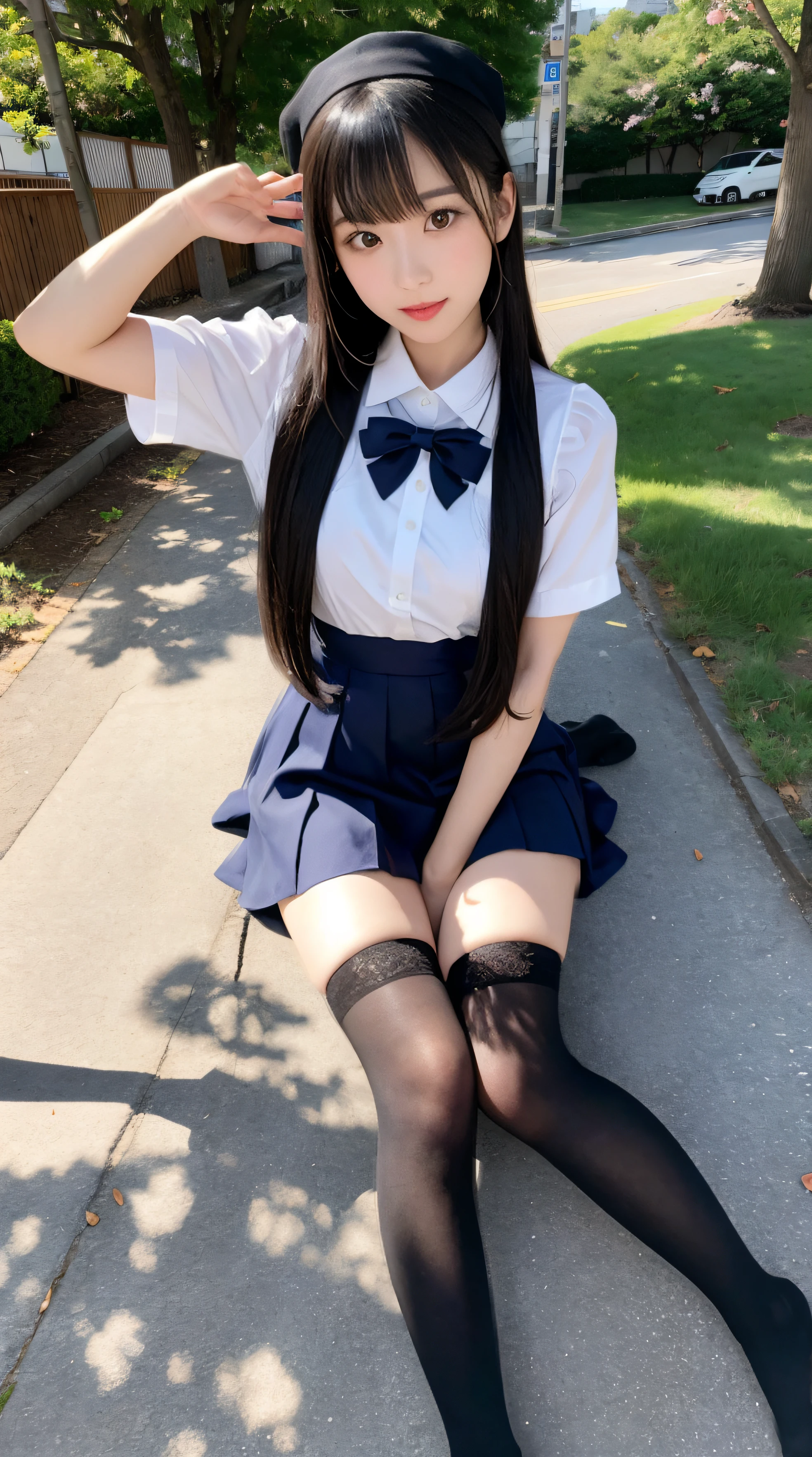 Photo quality,Masterpiece,Realistic,(14 year old cute Japanese girl:1.9),(Smile shyly:1.9),(Very embarrassed look:1.9),(Angle from below,Thin legs:1.9),(Wearing black Gothic Lolita fashion:1.9)(Adult video package shoot:1.9),(Posing to seduce men in the park,Inner thigh visible:1.9),((Droopy eyes:1.9)),((Body type of a 14 year old girl,Small Tits:1.9)),(Cute school girl hairstyle:1.9),((Skinny Legs)),Very pale skin,Show your forehead,Detailed body,Detailed hands,No makeup