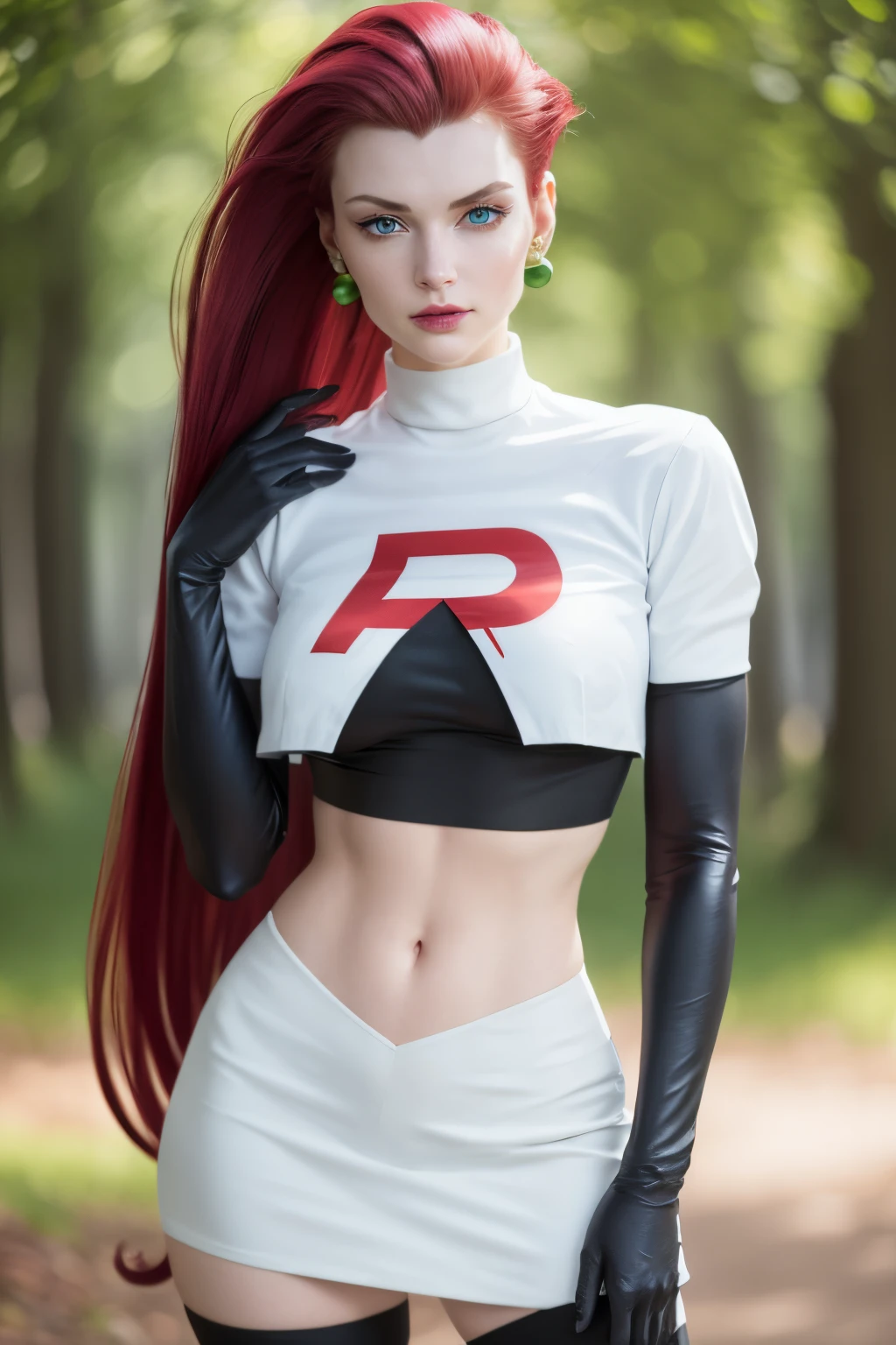 jessie pokemon, 1girl, breasts, crop top, hair slicked back, jewelry, blue eyes, navel, long hair, skirt, team rocket, earrings, red hair, gloves, thighhighs, underwear, huge breasts, midriff, white skirt, elbow gloves, black gloves, blush, team rocket uniform, looking at viewer, hand on hip, very long hair(insanely detailed, beautifully detailed face, masterpiece, beautifully detailed eyes, best quality) ultra high res,4K,ultra-detailed, photography, 8K, HDR, highres, (absurdres:1.2), Kodak portra 400, film grain, blurry background, (bokeh:1.2), lens flare, (vibrant_color:1.2),professional photograph, (beautiful_face:1.5), ,(((pov 1.3)))