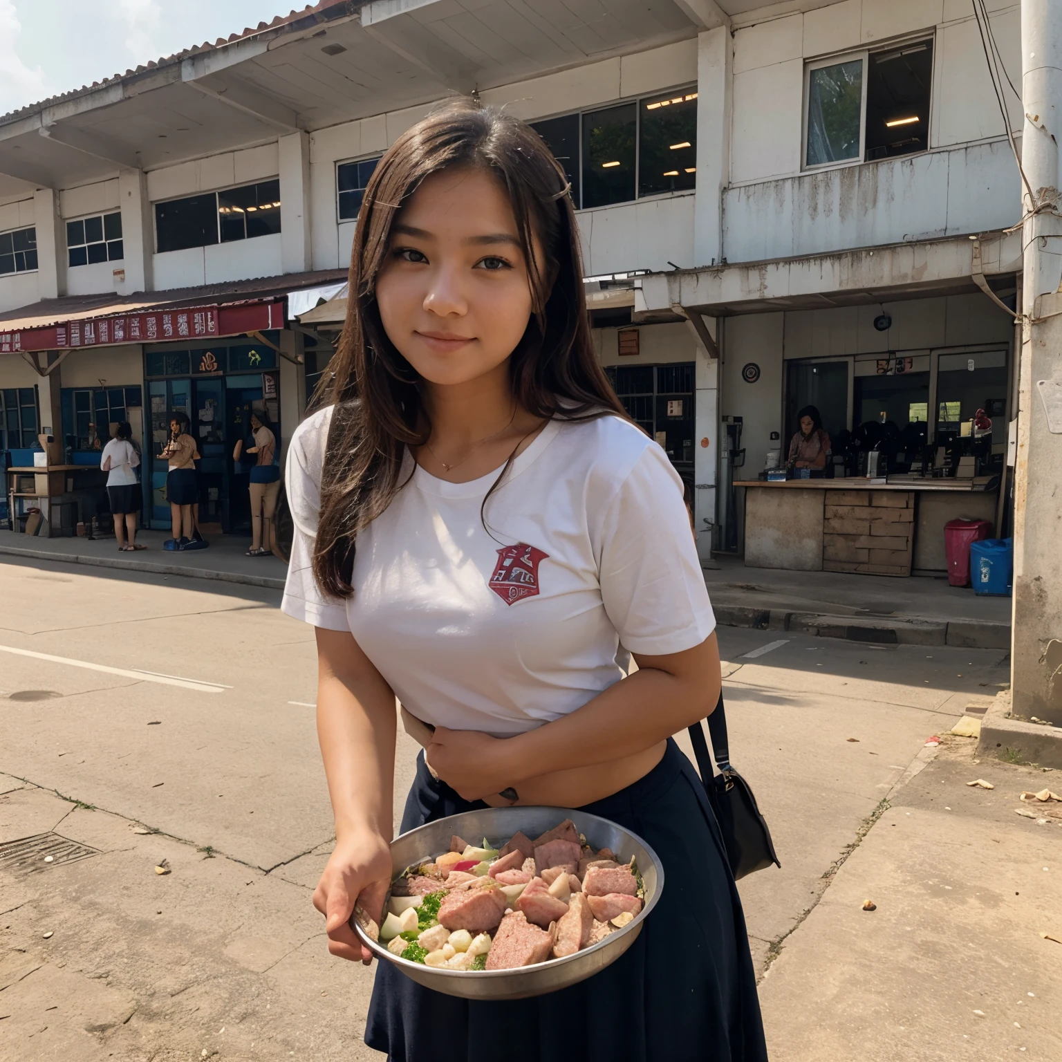 A beautiful girl sells pork ping in front of the school.