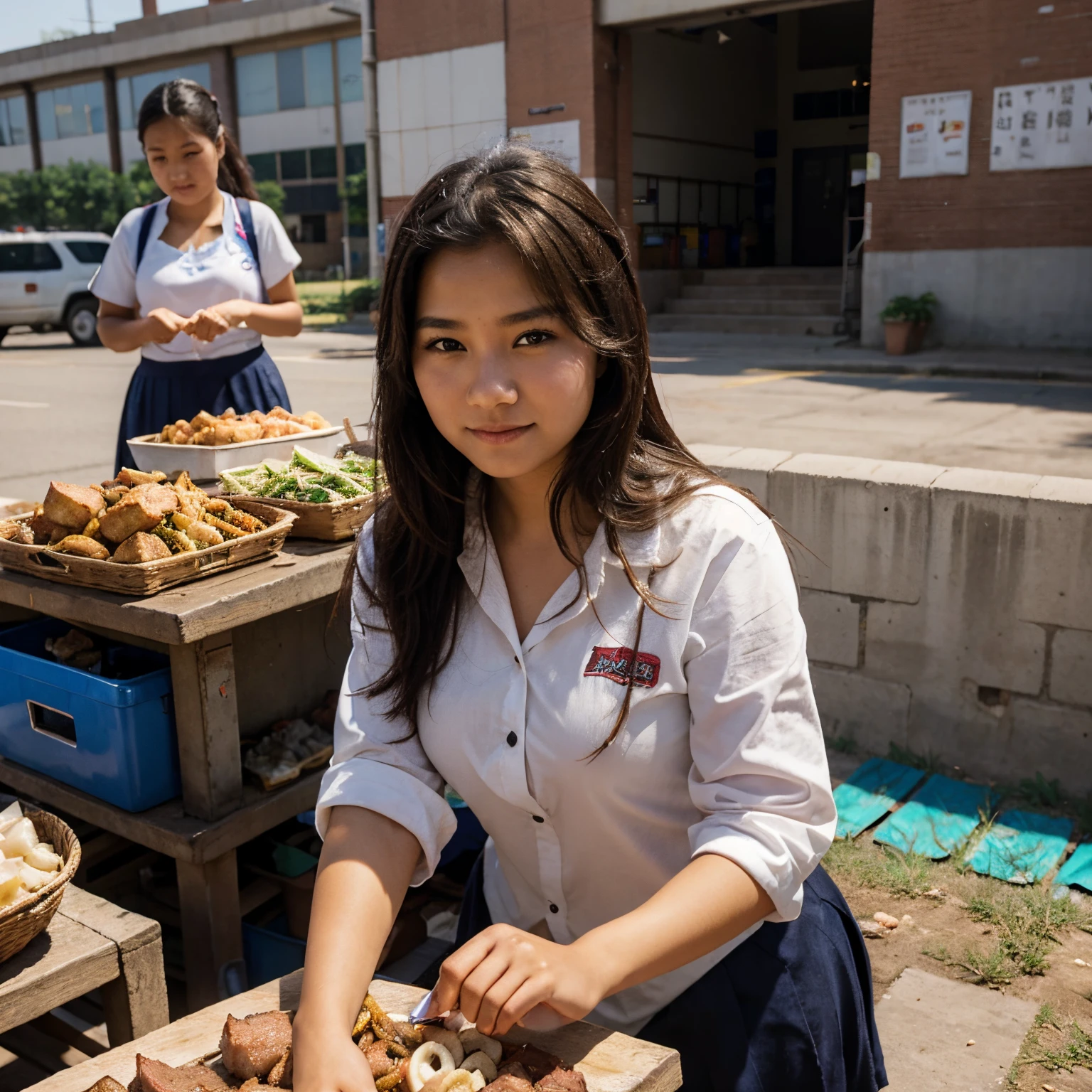 A beautiful girl sells pork ping in front of the school.