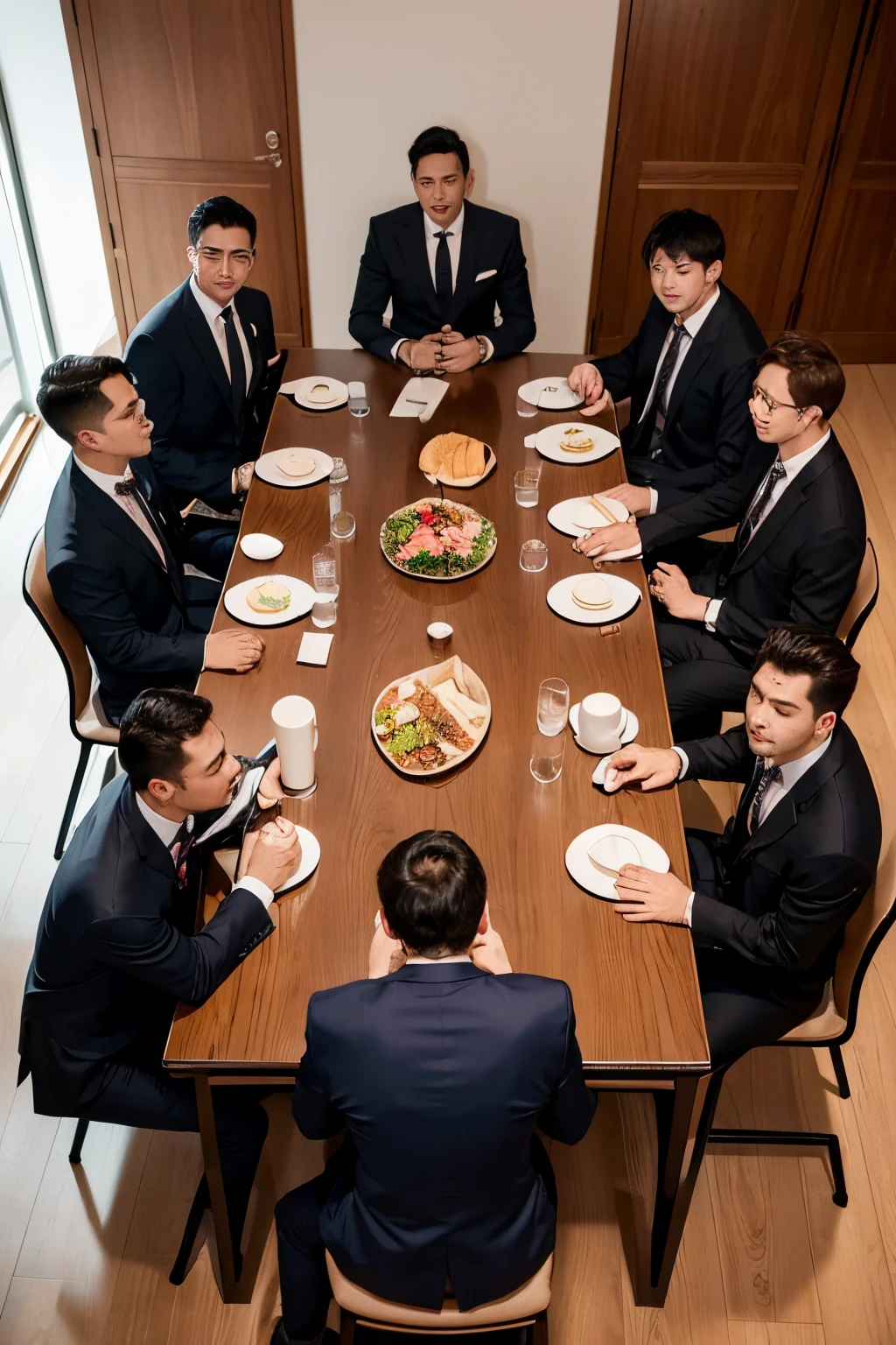in 8K、超A high resolution、Best Quality、masutepiece、With beautiful images、(Photograph seen from directly above)、big wide table、(((Five men in suits sit around a table)))、Pork dishes