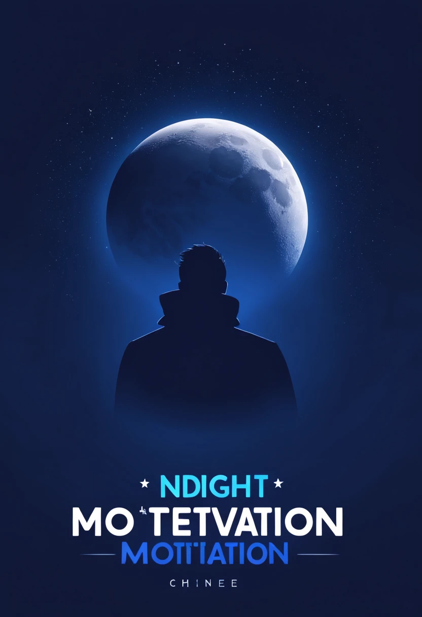 Design a captivating and motivational profile picture for 'Midnight Motivation' YouTube channel. Use a dark blue background with a touch of gradient. Include bold text for the channel name, and add a subtle moon or starry elements to evoke a midnight theme. Aim for simplicity and clarity while ensuring the image conveys inspiration