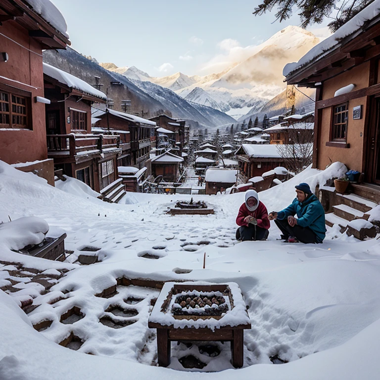 Group of friends smoking in Himalayan village cover with snow