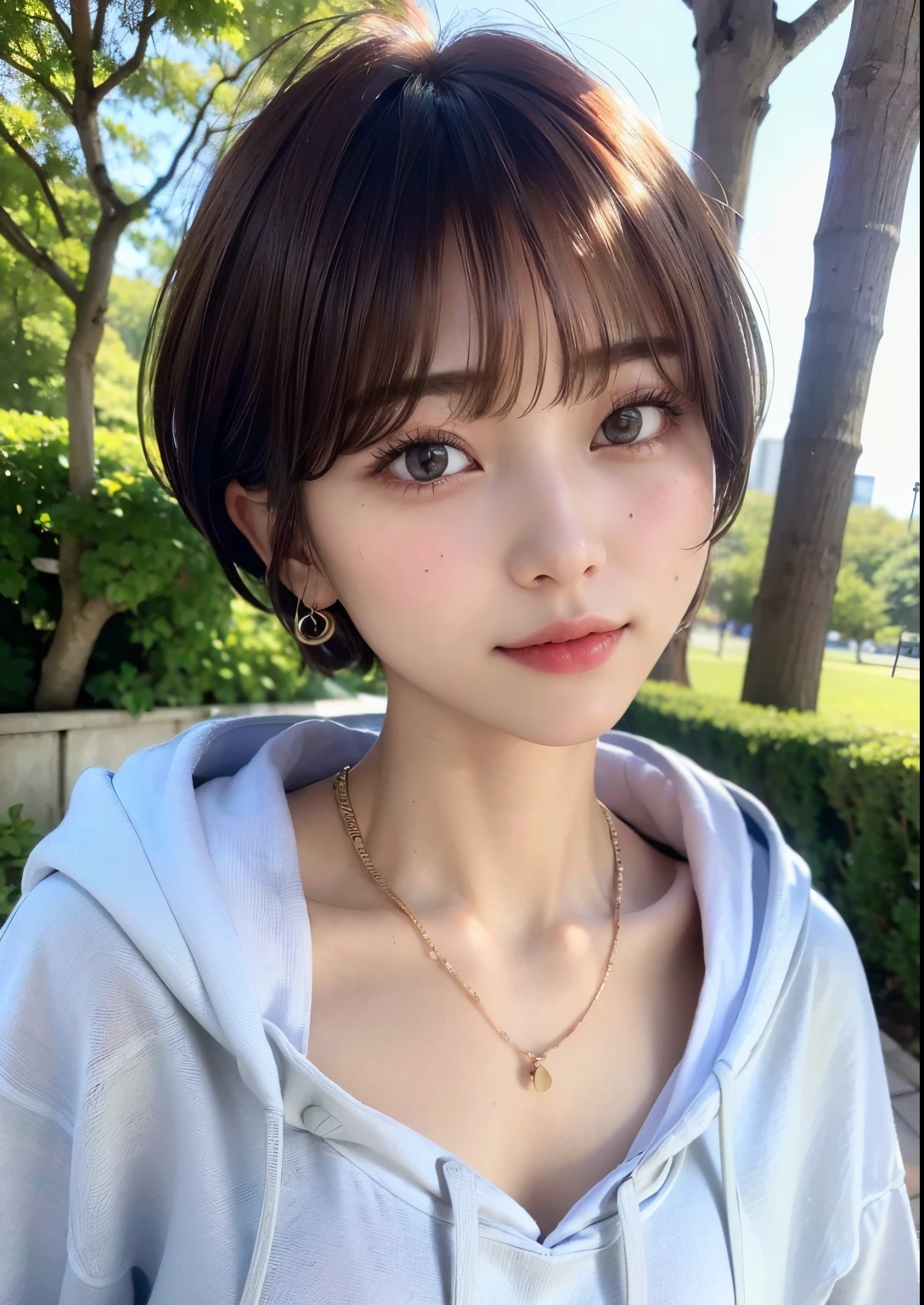 ((top-quality))、(​masterpiece:1.4)、Raw photography、8K、((Top image quality))、 ((hight resolution))、Beautiful face in every detail、Realistic human skin、Gentle expression、(One lady:1.3 )、realisitic、Photorealsitic、(short-hair:1.4)、(Cute hairstyle)、(Beautuful Women)、(cute Japanese girls)、(boyish:1.3)、(mannish)、((Pretty Woman))、(Beautiful hair)、(((Red cheeks)))、(Her eyes are big:1.3)、20-year-old beauty、(her face is small:1.3 )、small head、((long neck))、pale skin、Spot-free skin、With bangs、Everyone longs for、japanese beautiful woman、((eight heads high))、(a necklace)、Happy look、((Hoodie))、a park、[[smil]]、