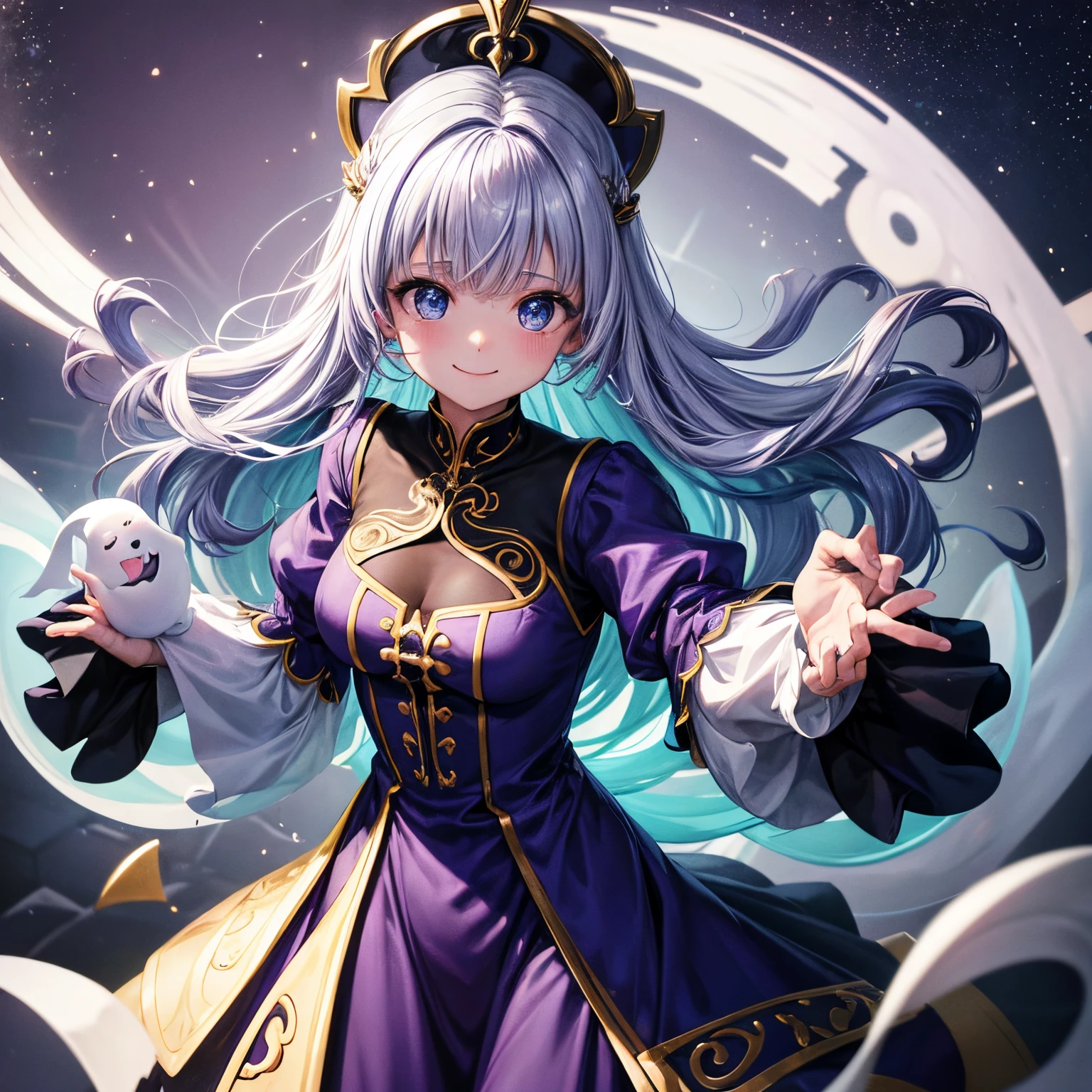 ghost, ( monstro), pele roxa, Picos, cabelo roxo espetado, um sorriso escancarado, Floating hands, vestido com um vestido roxo-escuro, flutuando no ar, master part, best quality