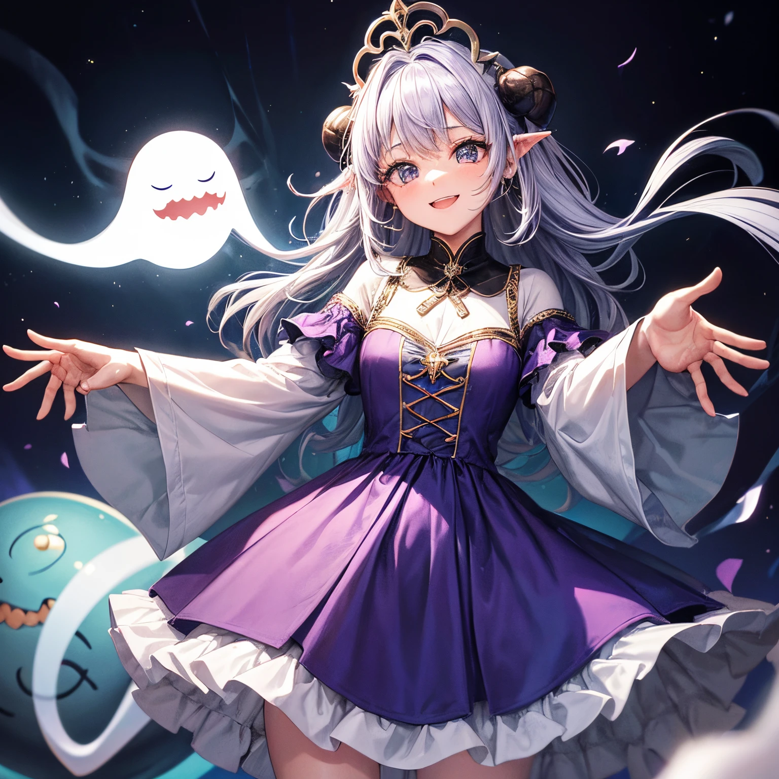 ghost, ( monstro), pele roxa, Picos, cabelo roxo espetado, um sorriso escancarado, Floating hands, vestido com um vestido roxo-escuro, flutuando no ar, master part, best quality