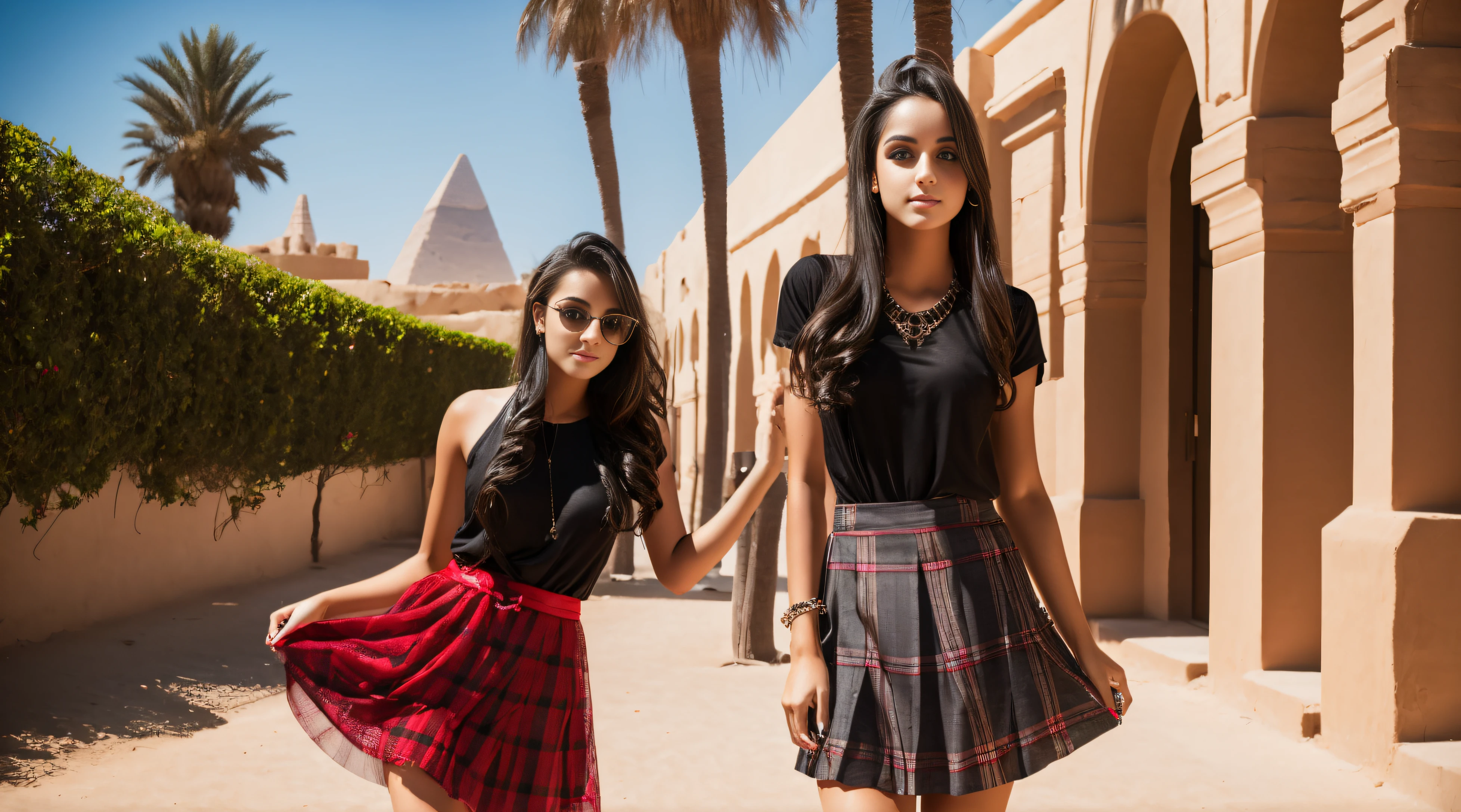 Beautiful young 18 year old GIRL WITH A MODEL APPEARANCE, symmetric eyes,makeup,Jewelry, with long gray hair,IN A RED AND BLACK CHECKED SKIRT,In a short skirt,ABOVE KNEE SKIRT,in Egypt ,Palm trees,Sun,Skin detailing,f/48 mm ,soft light,hiquality,8K