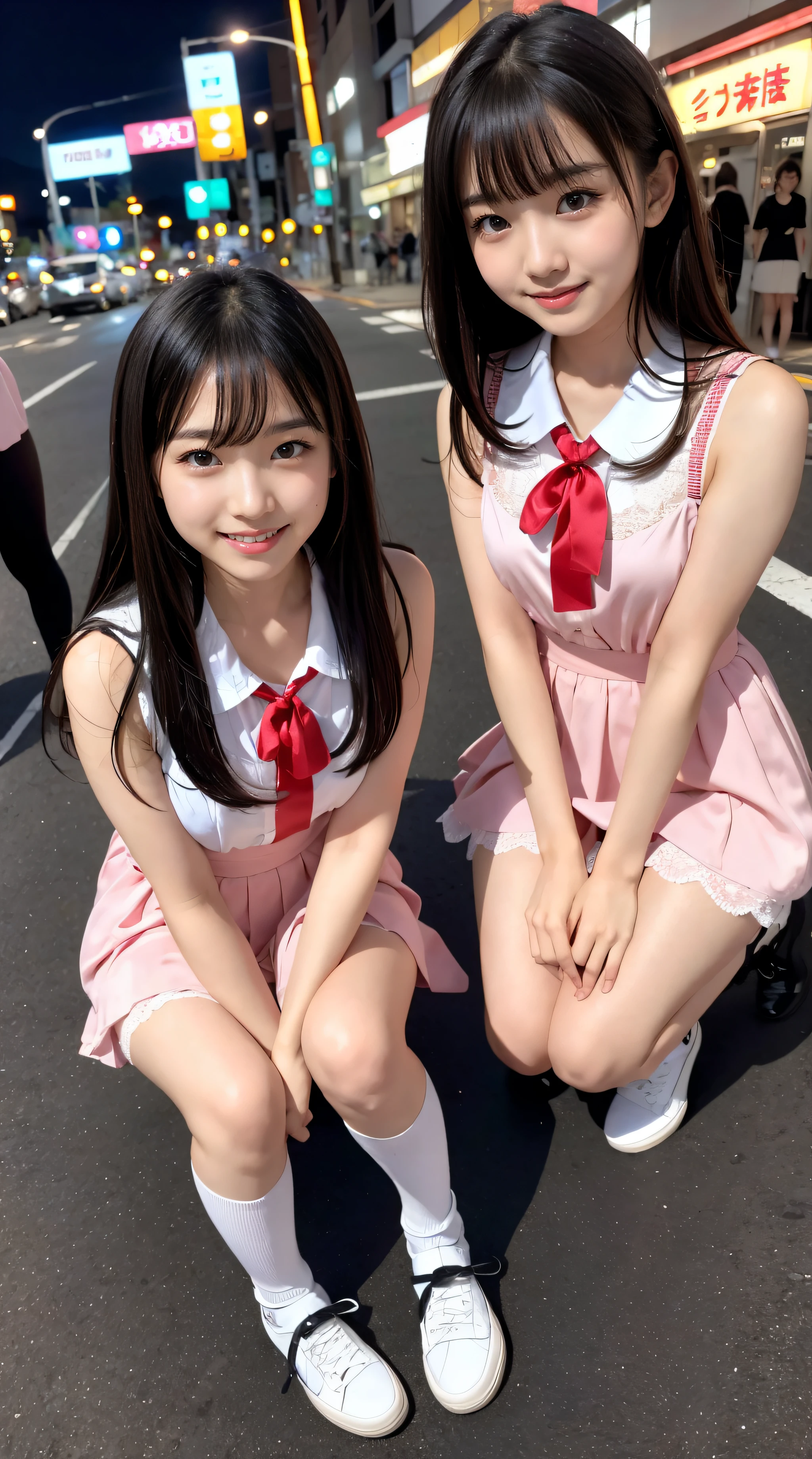 cute、Two Girls、15 years old、Black Hair、Twin tails、naked、smile、blush、White knee-high socks