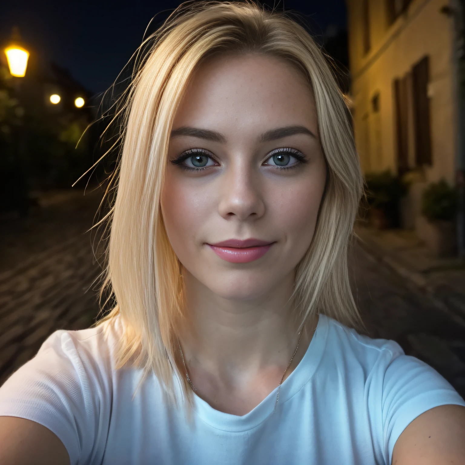 (Selfie, Plan: 1.4), (Right half of the body: 1.4), RAW UHD portrait photo of a 24-year-old blonde (Femme aux yeux bleus) Marcher dans une ruelle sombre, gros seins,, Ville la nuit, (rocher), (Encolure), specifics (Tissu! , Cheveux! , Briller, Couleur!! , disadvantages: 1.1), Bright eyes with a high level of detail (staring into the camera), SLR lighting, Appareil photo reflex mono-objectif, ultra quality, re sharpness, profondeur de champ, Filmkorn (Milieu), Fujifilm XT3, Limpide, Rahmenmitte, beau visage, mise au point nette, street lamp, Neonbeleuchtung, Bokeh (dimly lit), Nuit, (Ciel nocturne), Detailed skin pores, peau grasse, Coup de soleil, Complex eyesDetails, corps entier entier, gros seins