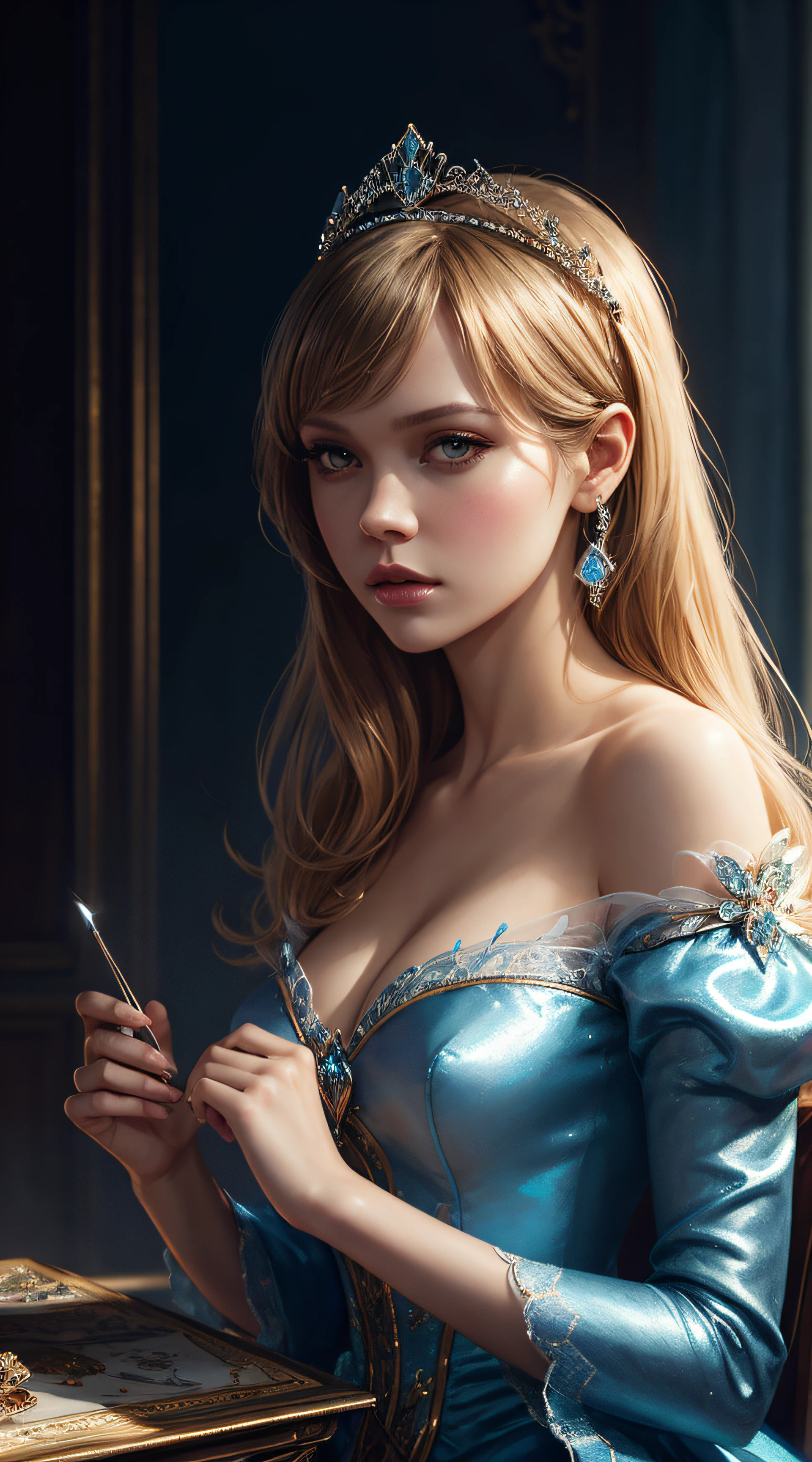 Grace VanderWaal, cinderella tiara sexy clothes, character portrait, 4 9 9 0 s, long hair, intricate, elegant, highly detailed, digital painting, artstation, concept art, smooth, sharp focus, illustration, art by wlop, charlie bowater and alexandra fomina