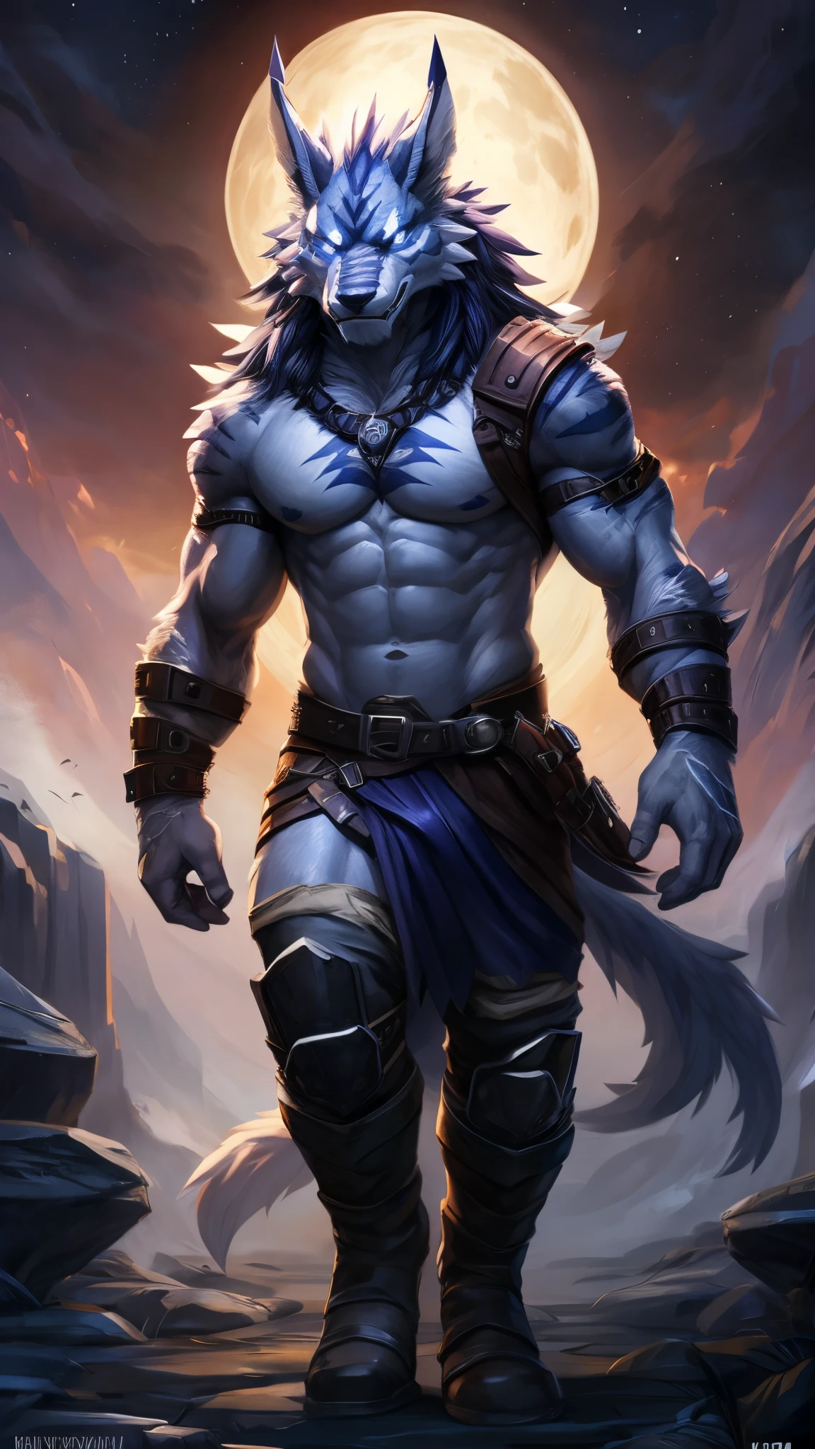 Weregarurumon male, full body covered in fluffy fur, , big muscular chest, volumetric abs, day, sensual, detailed, uploaded to e621, beautiful and detailed portrait of an anthropomorphic weregarurumon (((male))) kenket, ross tran, ruan jia, uploaded to e621, zaush, foxovh, movie lighting, moon lights, glowing eyes, black fur, long dark mane of hair, leather arms and hands , leather legs and riding boots