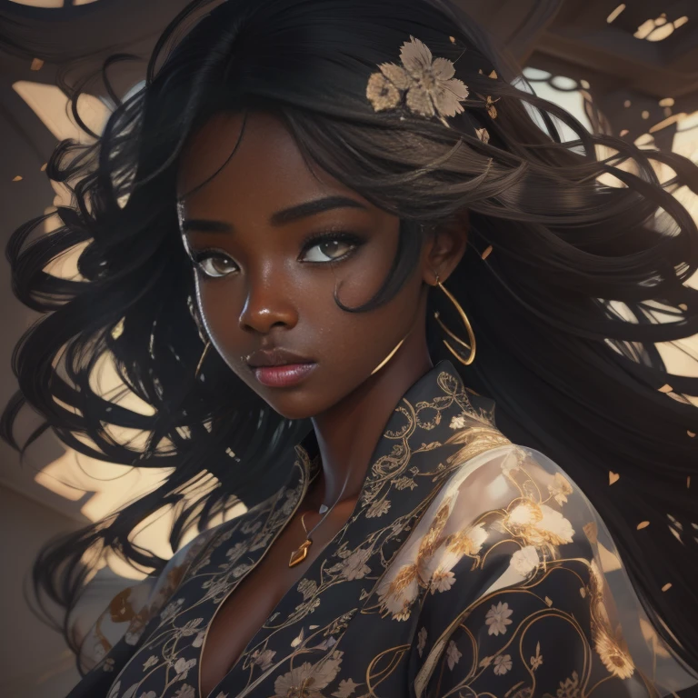 (masterpiece), best quality, expressive eyes, perfect face, Beautiful illustration of black skinned stunning shy model with cute and delicate face, dark skinned, light brown eyes, upper body in side pose, Looking at Viewer, bright and emotional eyes, pouting lips, long black hair, fantastic dress made in fabulous fabric, in official art style, niji style, black anime character, detailed vector, highly detailed, digital illustration, shadow of the cell, art by Atey Ghailan and Tran Ross, ray tracing. Trending on ArtStation Pixiv. intricate, insanely detailed, DSLR, 8k