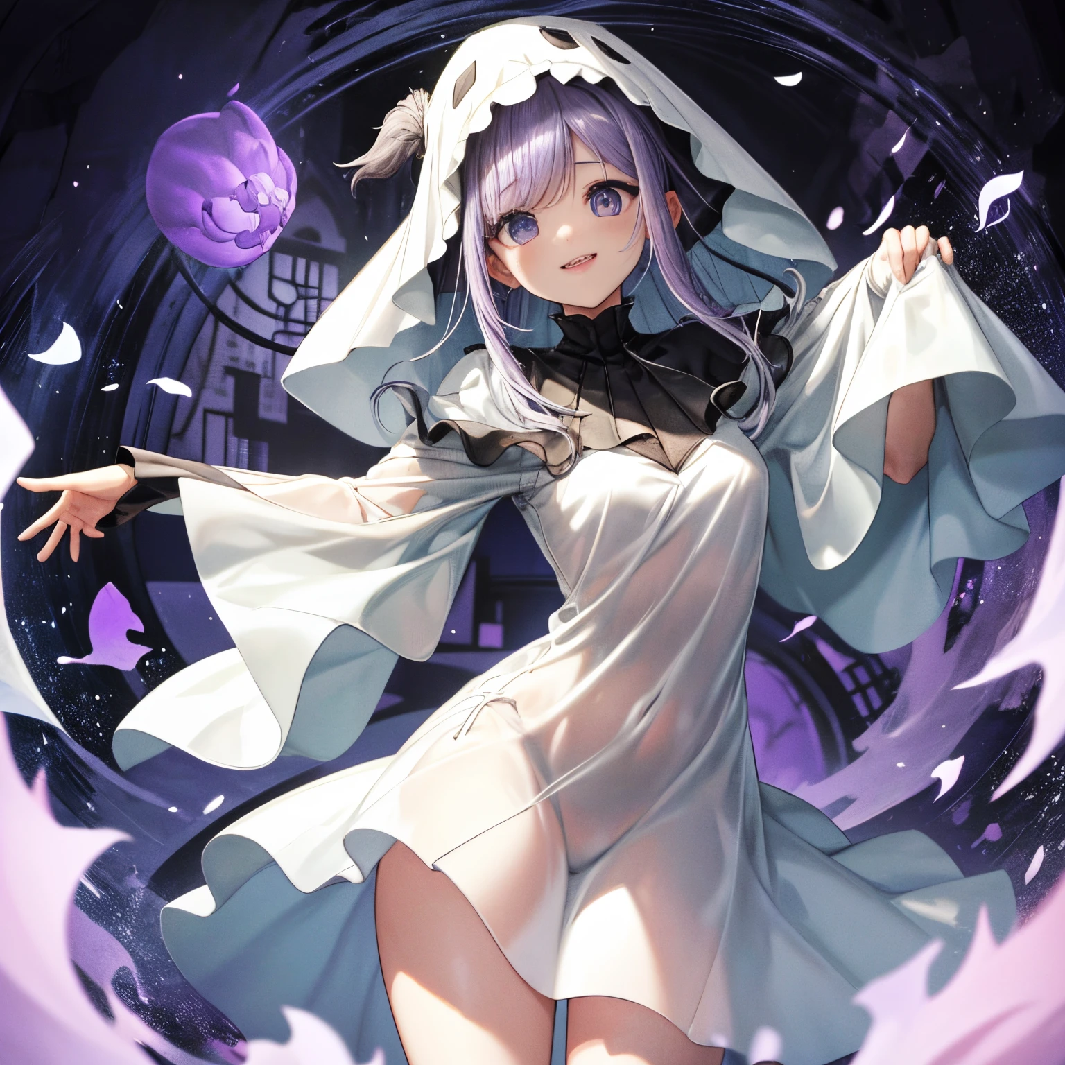ghost, ( monstro), pele roxa, Picos, cabelo roxo espetado, um sorriso escancarado, Floating hands, vestido com um vestido roxo-escuro, flutuando no ar, master part, best quality