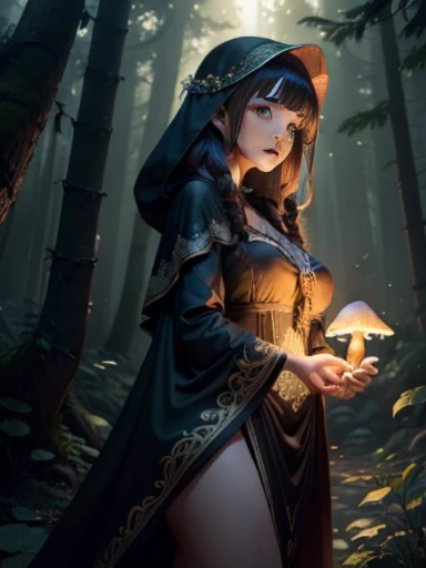 1female cute teen in the night forest holding big glowing mushrooms, in the very night holding bunch huge light glowing mushrooms in the hand, Large breasts, at a forest,(Very detailed CG unified 8k wallpaper),Best quality,detailed back ground,beautidful eyes(very delicate beautiful),(Beautiful and detailed eyes description),ultra - detailed,masterpiece, high resolution,ultra - detailed, a little bit chubby, Camel toes, glowing mushrooms light in the hands, wearing black sexual cloak and silk dress, wearing beautifull dress, very dark night forest