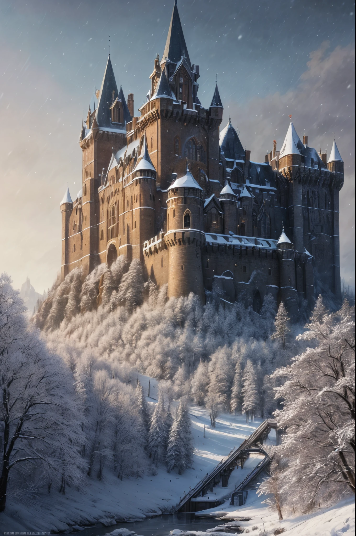 (extremely detailed CG unity 8k wallpaper), full shot photo of the most beautiful artwork of a medieval castle, snow falling, nostalgia, grass hills, professional majestic oil painting by Ed Blinkey, Atey Ghailan, by Jeremy Mann, Greg Manchess, Antonio Moro, trending on ArtStation, trending on CGSociety, Intricate, High Detail, Sharp focus, dramatic, photorealistic painting art by midjourney and greg rutkowski