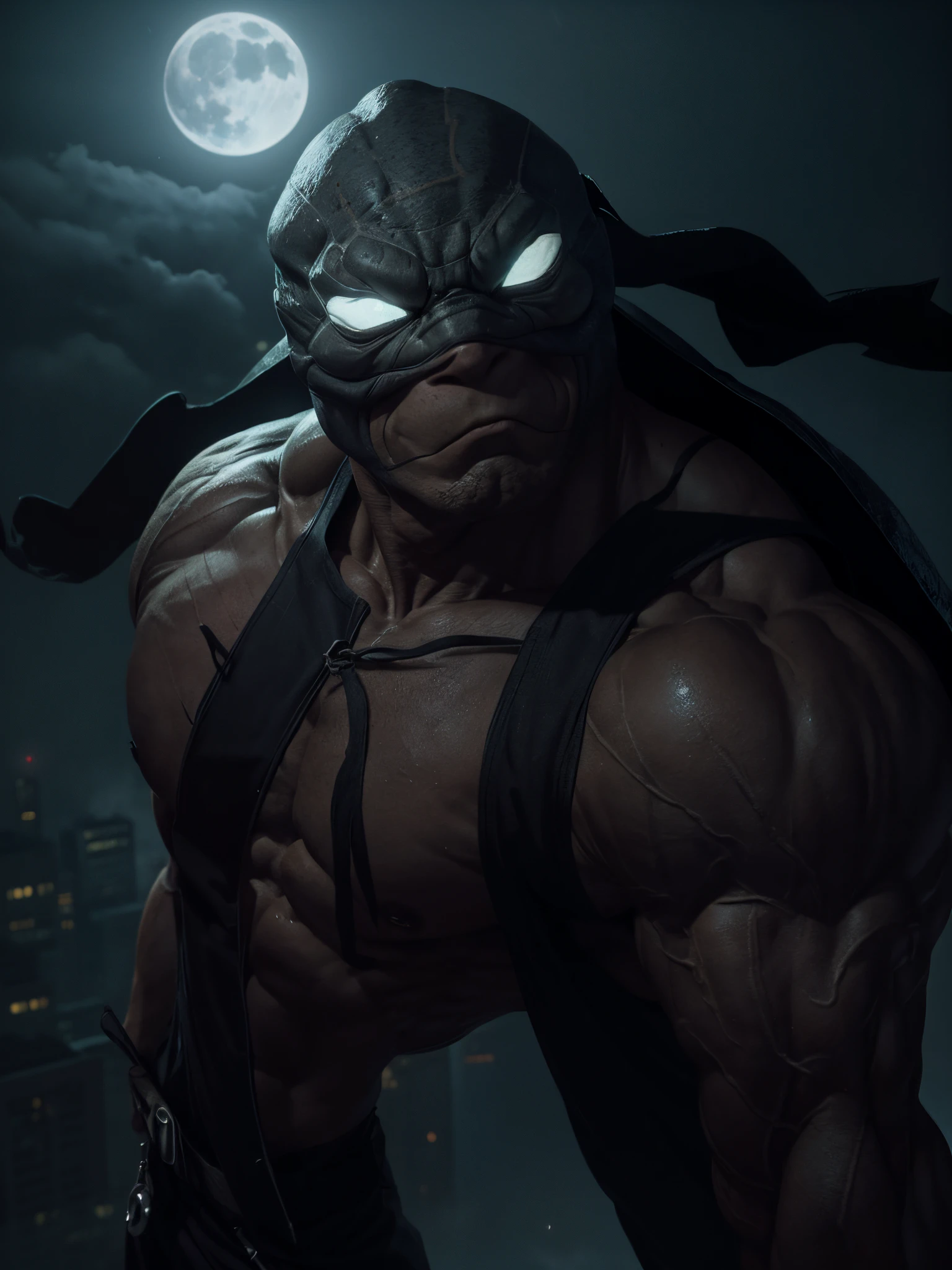 A ninja turtle with huge muscles, veins on arms, standing on top of a building at night, heavy fog, gloomy, dark, moonlight, gritty,