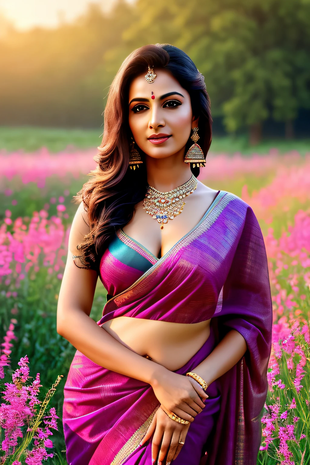 sexy indian mother wearing saree in a field of magical flowers, (extremely detailed CG unity 8k wallpaper),face incredibly detailed, lips, realistic, solo,medium breasts,skin tight, puffy nipples, facial, masterpiece,best quality, Intricate, High Detail, dramatic,