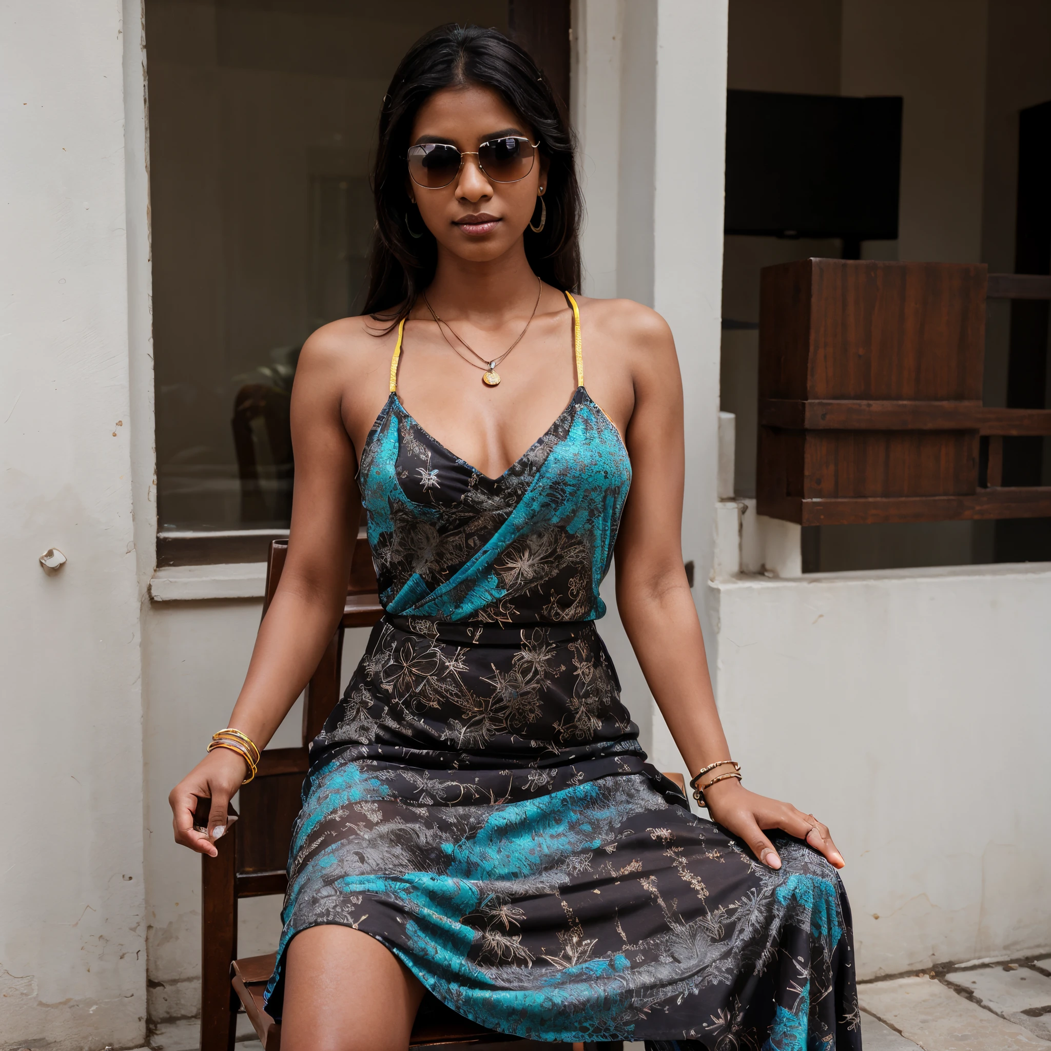 (Full body portrait:1.4), RAW UHD portrait full body photo of a 22-year-old Sri Lankan woman named Kasuni, (dark side ponytail hair), dark skin, black eyes, feminine features, DSLR, ultra quality, sharp focus, tack sharp, photorealistic, detailed skin pores, detailed hands, detailed face, oiled skin, intricate eye detail, light smile, ((sitting on a chair)), ((maxi colorful party dress, necklace, colorful bangles, earrings, sunglasses)), necklace, colorful bangles, natural lighting.