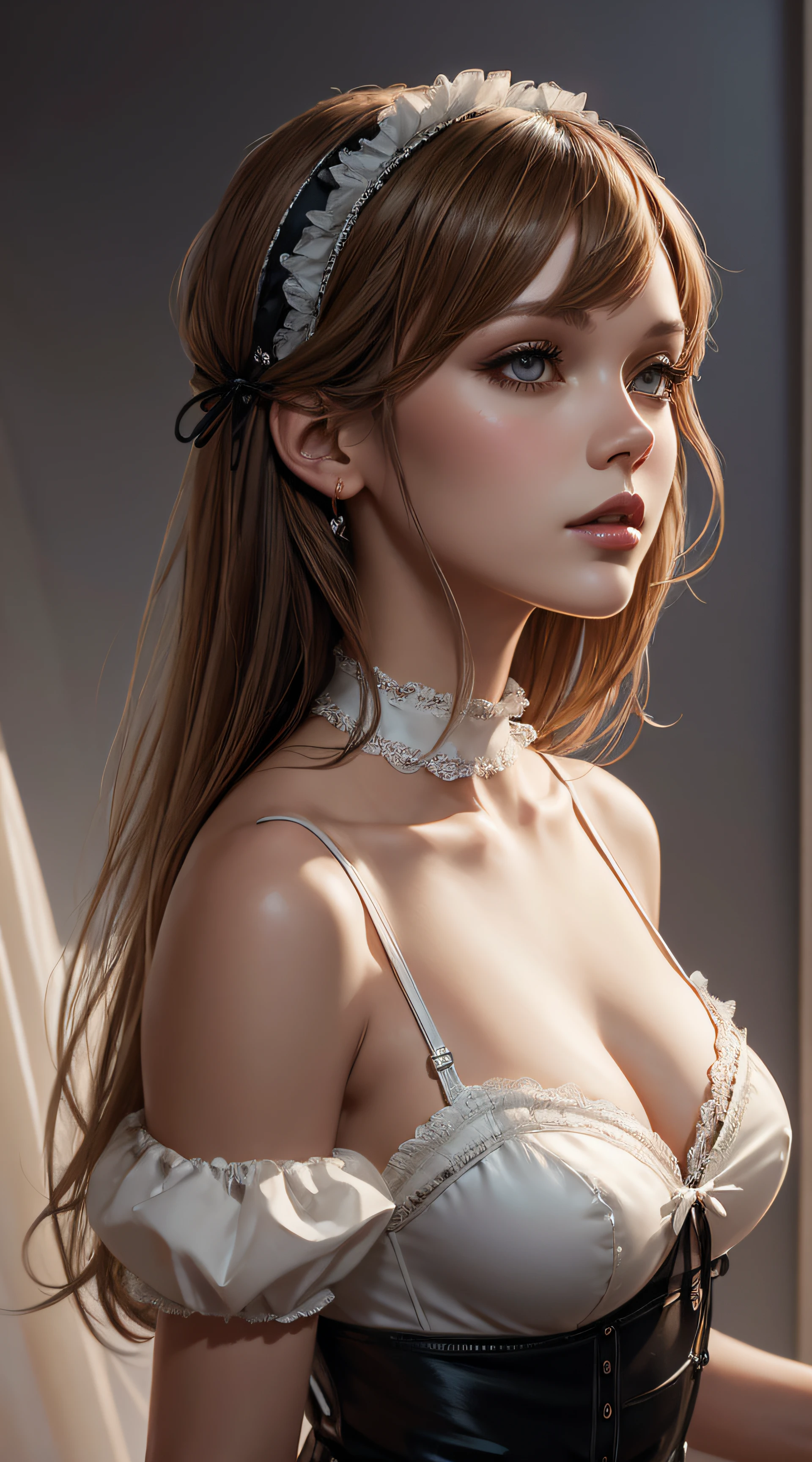 Concept art of a stunning woman with blonde hair, captured in a close-up shot highlighting the shadow and intricate detailing of her lacy bra, using Octane render to achieve a picturesque image