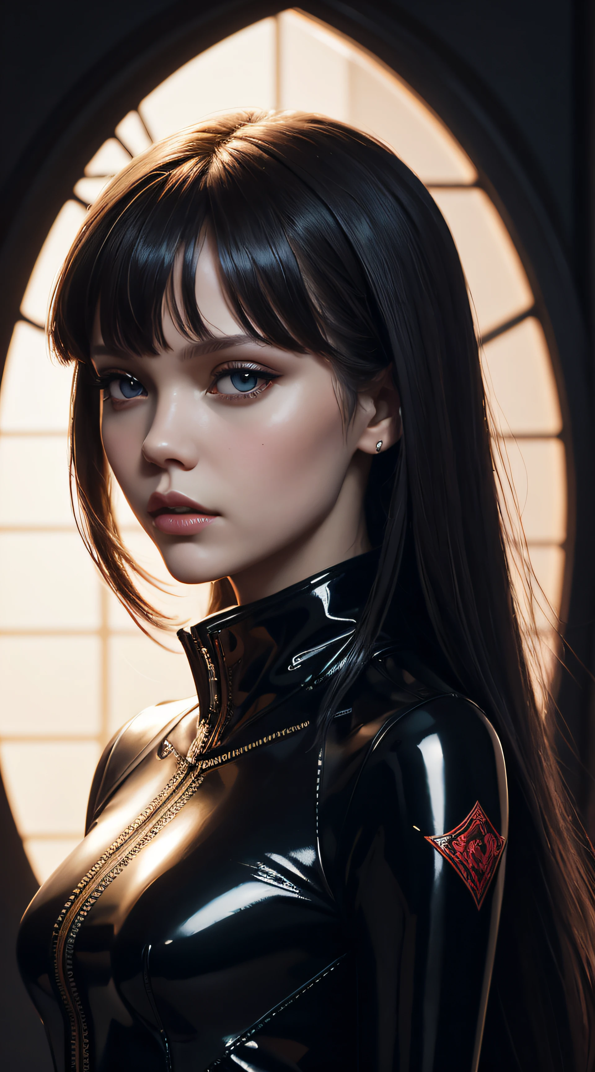 Grace VanderWaal, wearing black pvc sexy clothes, character portrait, 4 9 9 0 s, long hair, intricate, elegant, highly detailed, digital painting, artstation, concept art, smooth, sharp focus, illustration, art by wlop, charlie bowater and alexandra fomina