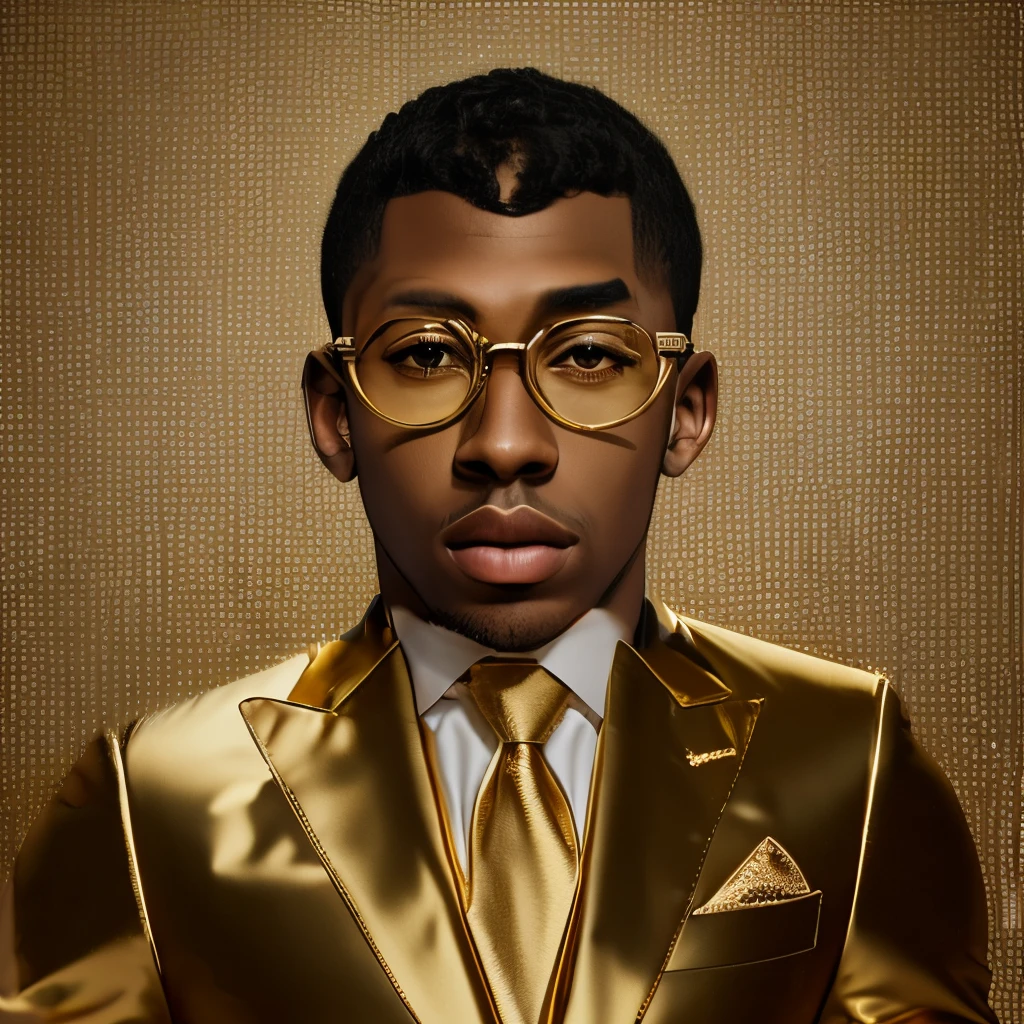 Three lense eyeglasses, gold luxury suit, full body shot