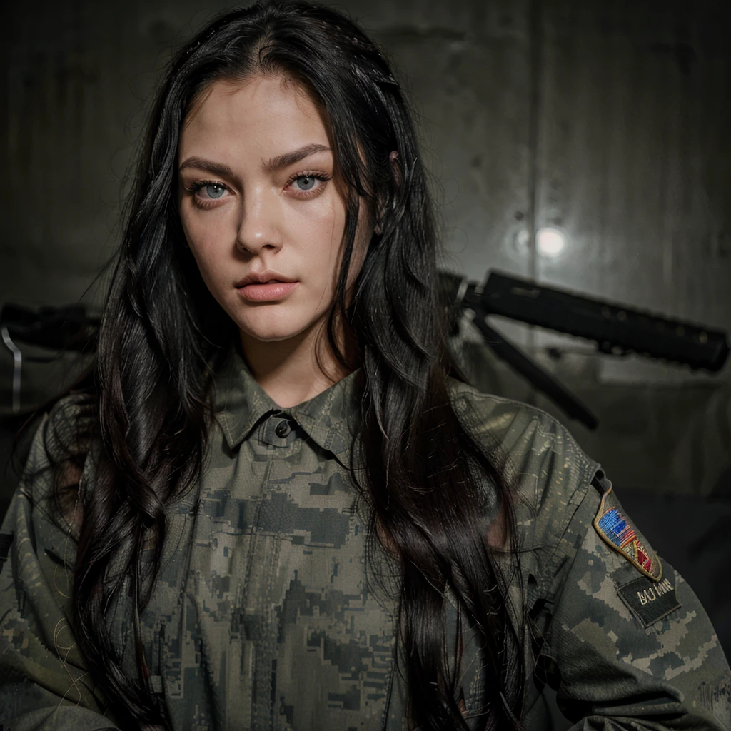 Girl, Long black hair, blue eyes, scar in face, military uniform, rifle, pouty lips