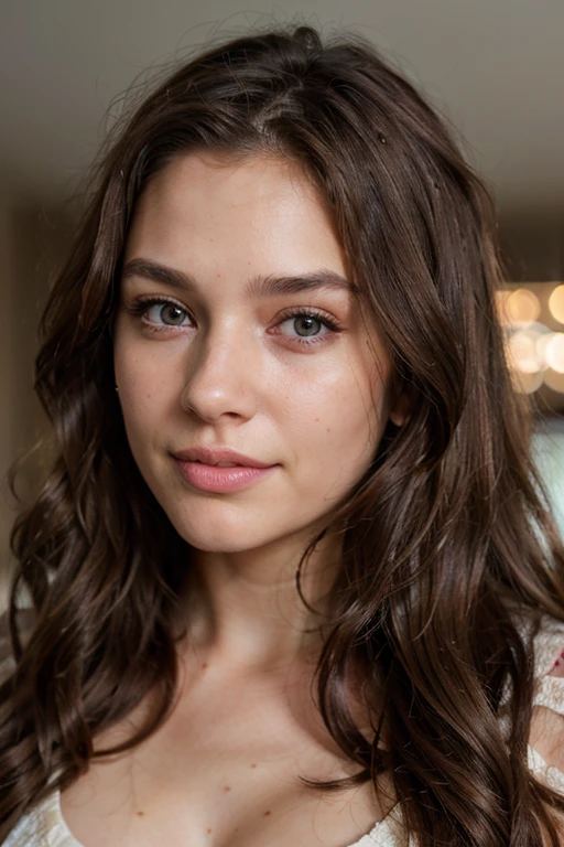 brown hair, wavy hair, wince, longeyelashes, darkbrown eyes, light smile, 26 years old, beautyful girl, perfect girl, light brown hair, very long hair, wavy hair, dilated pupils, eye reflection, blush, realism, Hyperrealism, first-person view, Canon, Nikon, 8k, super detail, ccurate, best quality, UHD, super detail, anatomically correct, textured skin, high details, award winning, highres, retina, masterpiece
