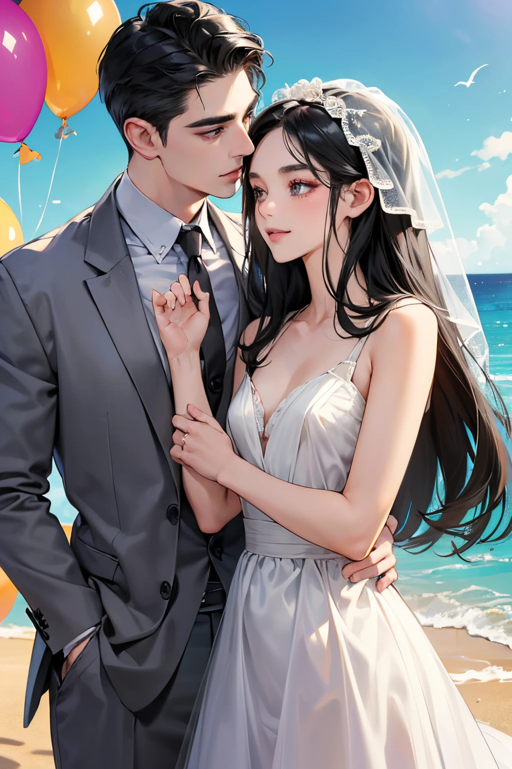 (masutepiece, Digital Art, Digital Illustration, 4K, 8K, Ultra-detailed, beautiful image, Sharp Image, Photorealistic, Raw photo, Perfect face, Perfect lines, Perfect eyes, Soft lighting) ,1 woman, (Long Black Hair,straight haired,Bullish gaze,Beautie,ellegance,Solid makeup,23 y-o woman,small tits:1.3),Two handsome men in suits, (ember,well-muscled,Firm shoulder width,Adult male,Boyish hairstyle,English gentlemanly style,Man in his 30s with a cool expression,28-year-old man with bright smile:1.2),Show white teeth and smile(embarrassed from,Shy smile:1.1),shores,Beach,beach wedding、innocent smiles,Laugh、couple kissing、kiss、the kiss、Romance、weddingdress、Wedding、seaside chapel、veils、Lots of balloons、