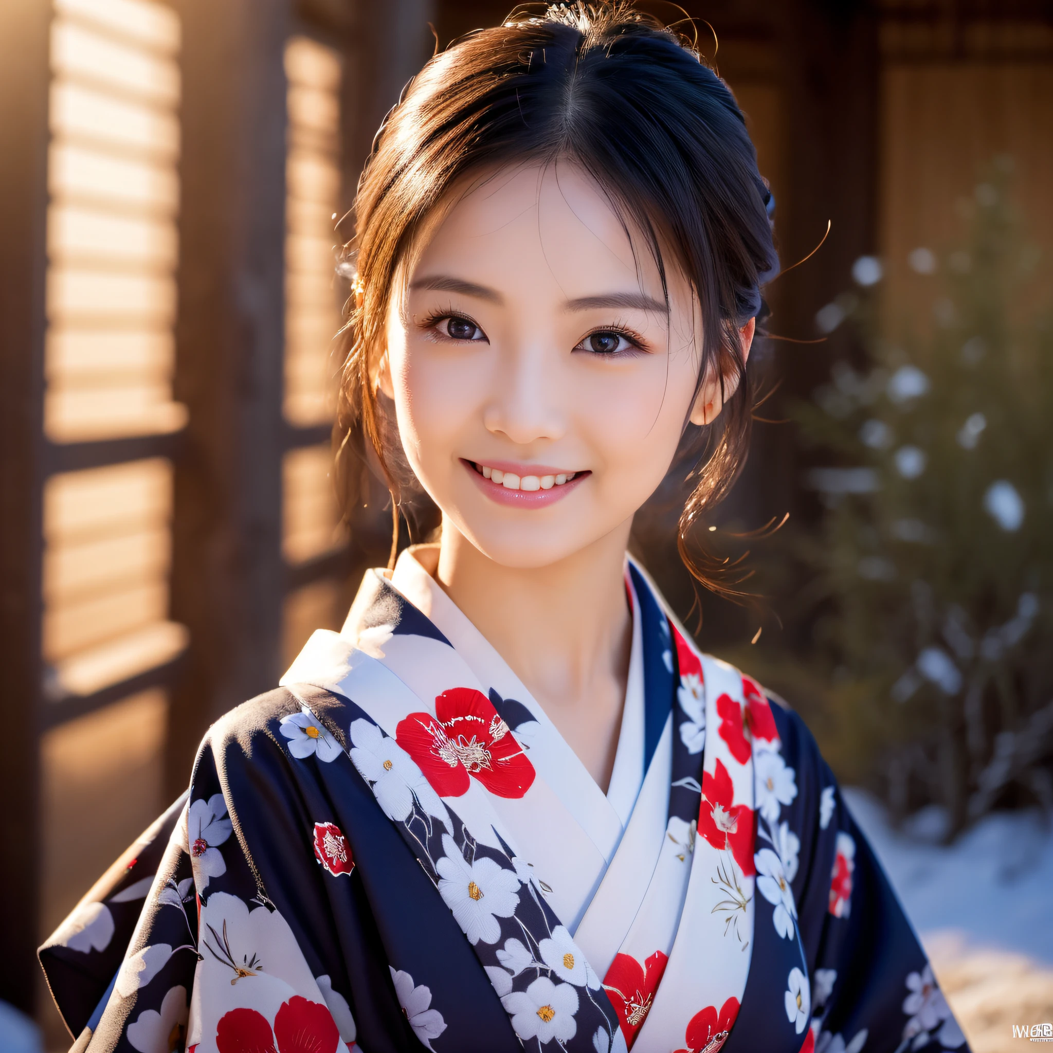 (Super beautiful woman in kimono)、((best qualtiy、8k masterpieces:1.3))、foco nítido:1.2、(ultra beautiful faces:1.0)、(shinny skin:1.0)、photos realistic、A dark-haired、Video Lighting、High-definition eyes and face、Video Lighting、Japanese actressl、from the front side、medium breasts、With a happy smile、Slender Abs Beauty、Whole body、wearing kimonos、In a snowy landscape in the middle of winter、highest grade obi