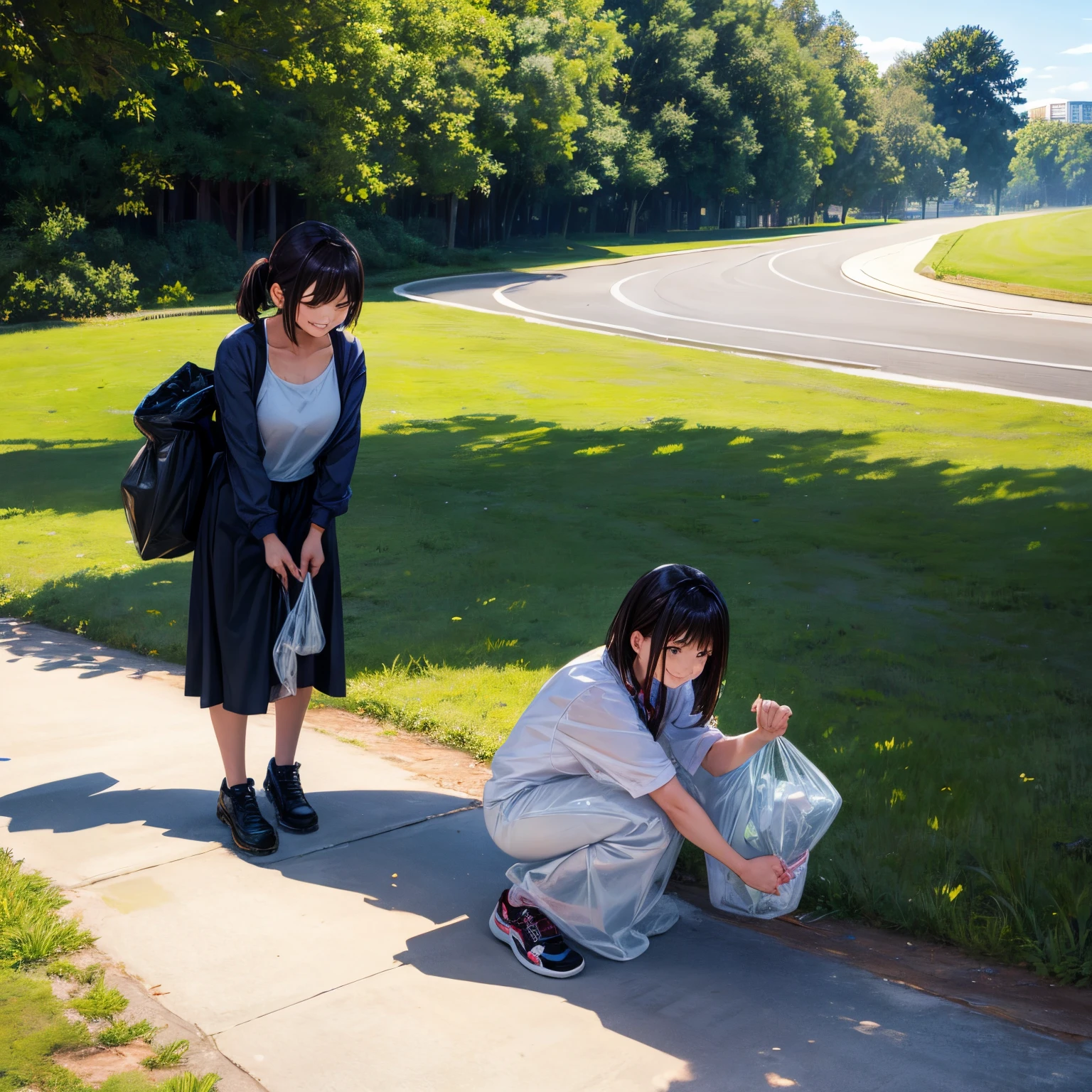 Two beautiful women picking up trash、a park、 A smile 、woman with garbage bag、Bend down