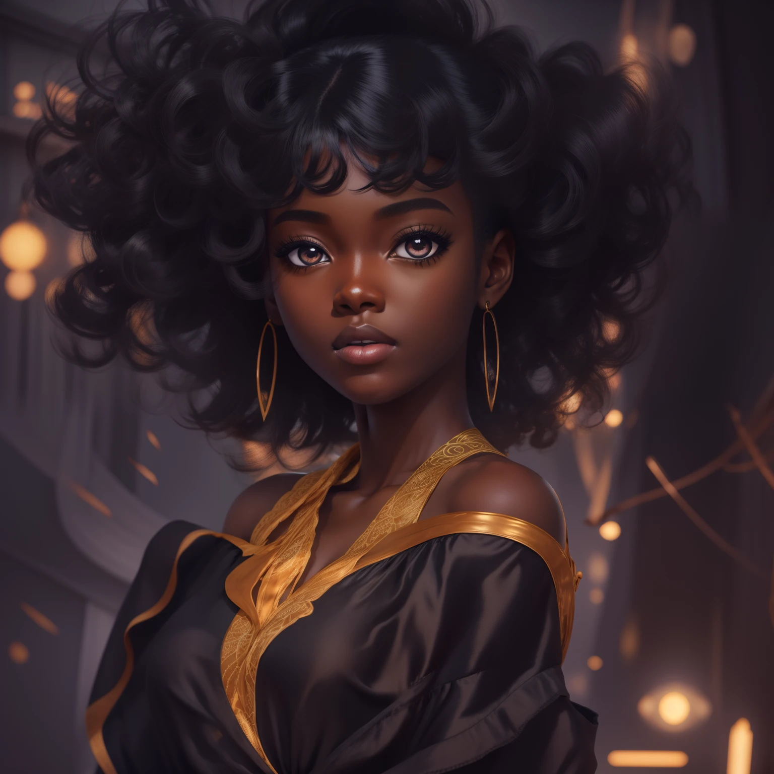 (masterpiece), best quality, expressive eyes, perfect face, Beautiful illustration of light black skinned stunning shy model with cute and delicate face, light amber eyes, upper body in side pose, Looking at Viewer, bright and expressive eyes, Flashlights, pounting orange color lips, puffy cheeks, dazzling smile, curly light black hair, fantastic dress made in fabulous fabric, in official art style, niji style, anime, vector, highly detailed, digital illustration, shadow of the cell, art by Atey Ghailan and Tran Ross, vray tracing. Trending on ArtStation Pixiv. intricate, insanely detailed, DSLR, 8k