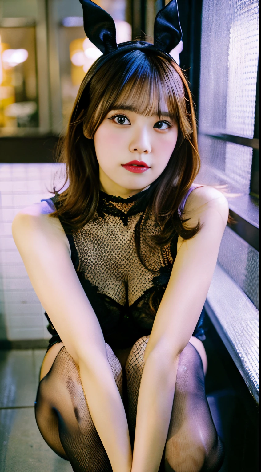 (Raw photo: 1.2), of the highest quality, Beautiful detailed girl, Bunny Girl, From below, Squatting, M-shaped legs open, Highly detailed eyes and face, Beautiful detailed eyes, Huge file size, High resolution, 8K Wallpaper, Fine detail, Highly detailed ticker uniform 8K wallpaper, Light on Face, Movie Lighting, 16 year old girl, Sexy Pose, (Photorealism: 1.4), Illustration, surrealism, Super Detail, masutepiece, Playboy Bunny, fishnets pantyhose @Perfect Girl A