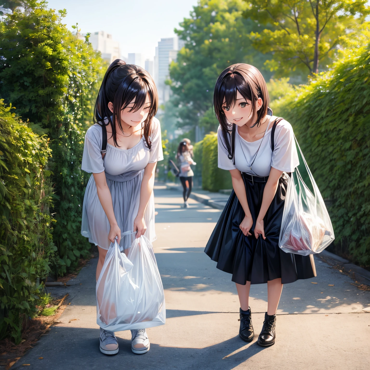 Two beautiful women picking up trash、a park、 A smile 、woman with garbage bag、Bend down、full body focus