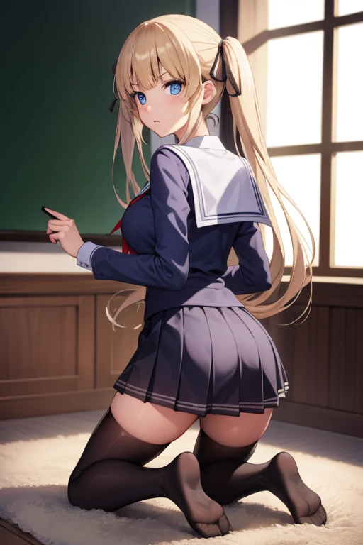 eririspencer, eriri sawamura spencer, blonde hair, blue eyes, blunt bangs, hair ribbon, hime cut, long hair, twintails, full body, full pose, BIG BREASTS, gross face, Grimace, ((kneeling)), white panties, BREAK black ribbon, black skirt, black knee socks, pleated skirt, ribbon, school uniform, skirt, zettai ryouiki, BREAK ((looking back)), BREAK indoors, classroom, BREAK (masterpiece:1.2), best quality, high resolution, unity 8k wallpaper, (illustration:0.8), (beautiful detailed eyes:1.6), extremely detailed face, perfect lighting, extremely detailed CG, (perfect hands, perfect anatomy),