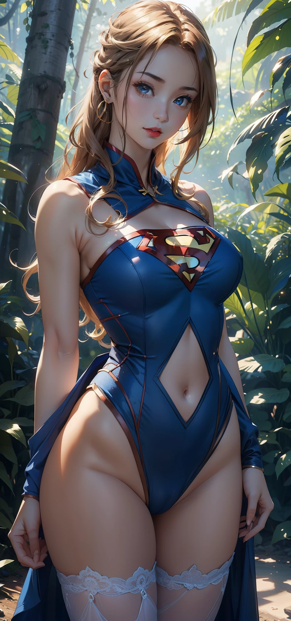 1female，45 yers old，Married woman，熟妇，Large breasts，long leges，big chest and thin waist， photo exposure， 独奏，（Background with：at a forest，the rainforest，in summer） She has long blonde hair，Redlip，The stands up，seen from the front， curlies， The sky is mostly cloudy，（（（tmasterpiece），（Very detailed CG unified 8k wallpaper），Best quality，电影灯光，detailed back ground，beautidful eyes，Bright pupils，（very delicate beautiful），（Beautiful and detailed eyes description），ultra - detailed，tmasterpiece，）），facing at the camera，A high resolution，ultra - detailed），Expose breasts exposed，Bare genitals， convex，Camel toes，Raised sexy，Supergirl（dressed in：，，Blue Superman uniform，lace panty，nakeness，badges）