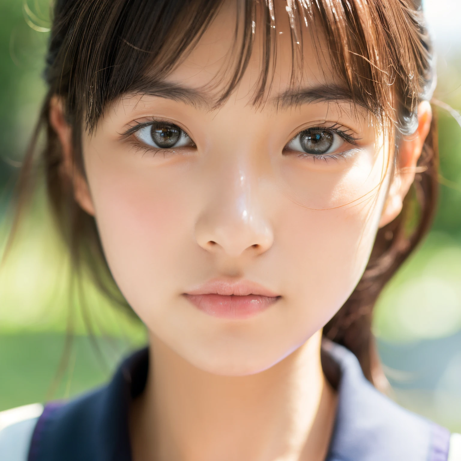 Lens 135mm f1.8,(Best Quality),(masutepiece:1.1), (beautiful 18 year old japanese girl), (moist lips), Slender eyes, double-edged eyelid,
(Look at another one), (close-up:1.4), shame, Faint smile,
(Dappled sunlight:1.2), Dramatic Lighting,
(Japan school uniform), (skin tanned:0.7),(upward-eyed),