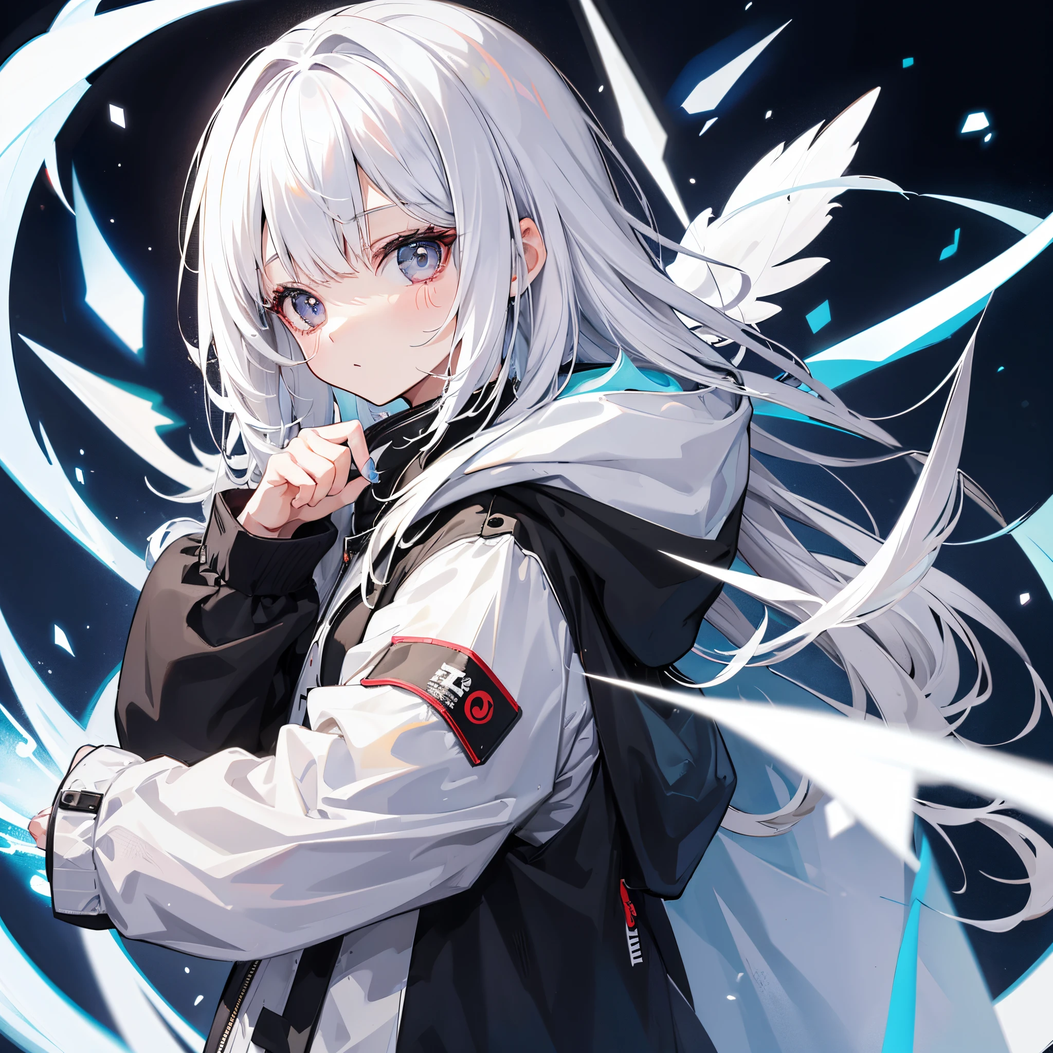 White hair、Black mesh on bangs、cute 、girl with、parka、verd s eyes