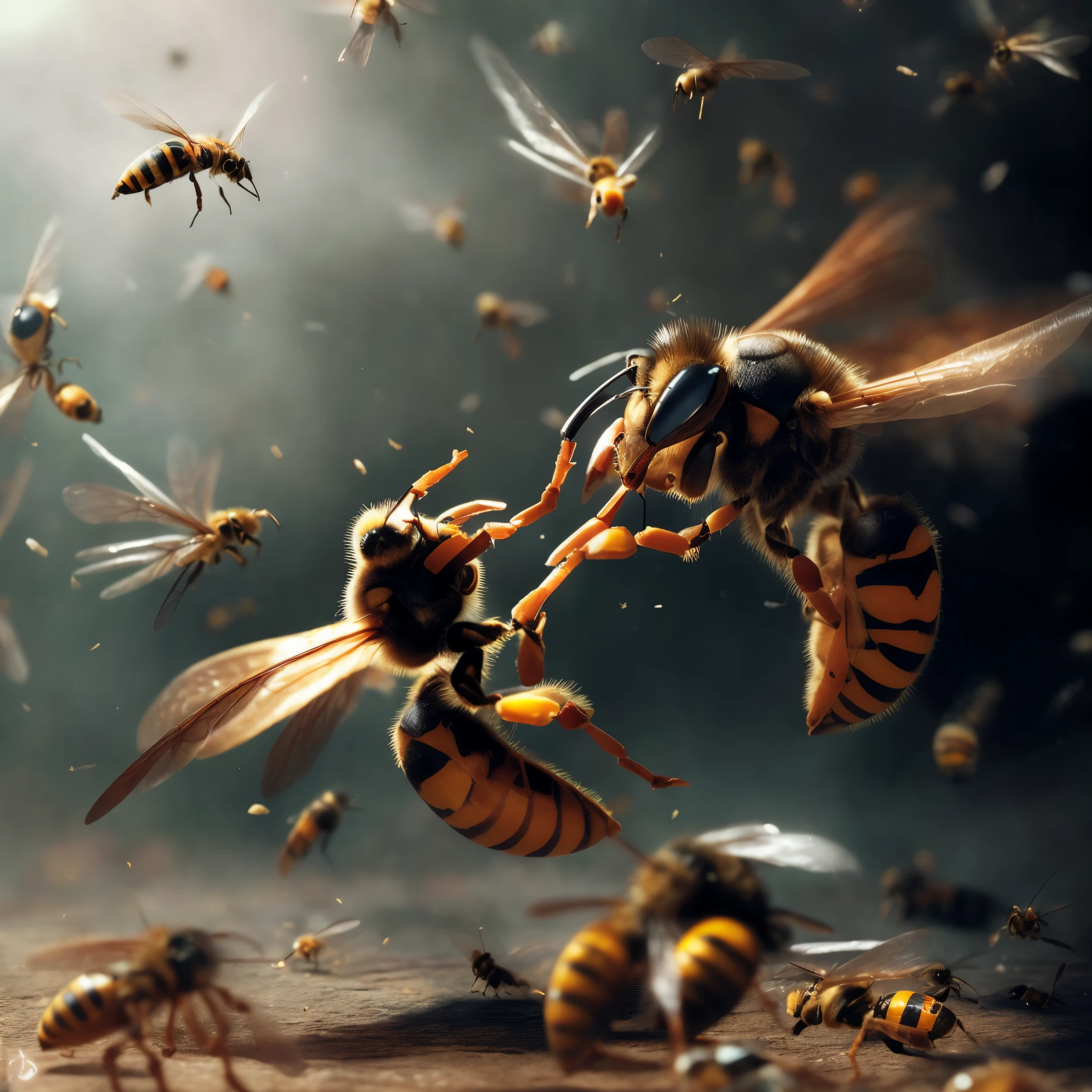 Many bees are flying around a swarm of flies, hornet, swarm, ong, painting big bees flying around, Insects swarm, bees flying, close-quarters battle, human structure bee concept art, ong, Bees covering the whole body, Stunning artwork, (bee), photo of a crazy wasp, beautiful artwork, intense fighting, hyperrealistic illustrations, Awesome CGI