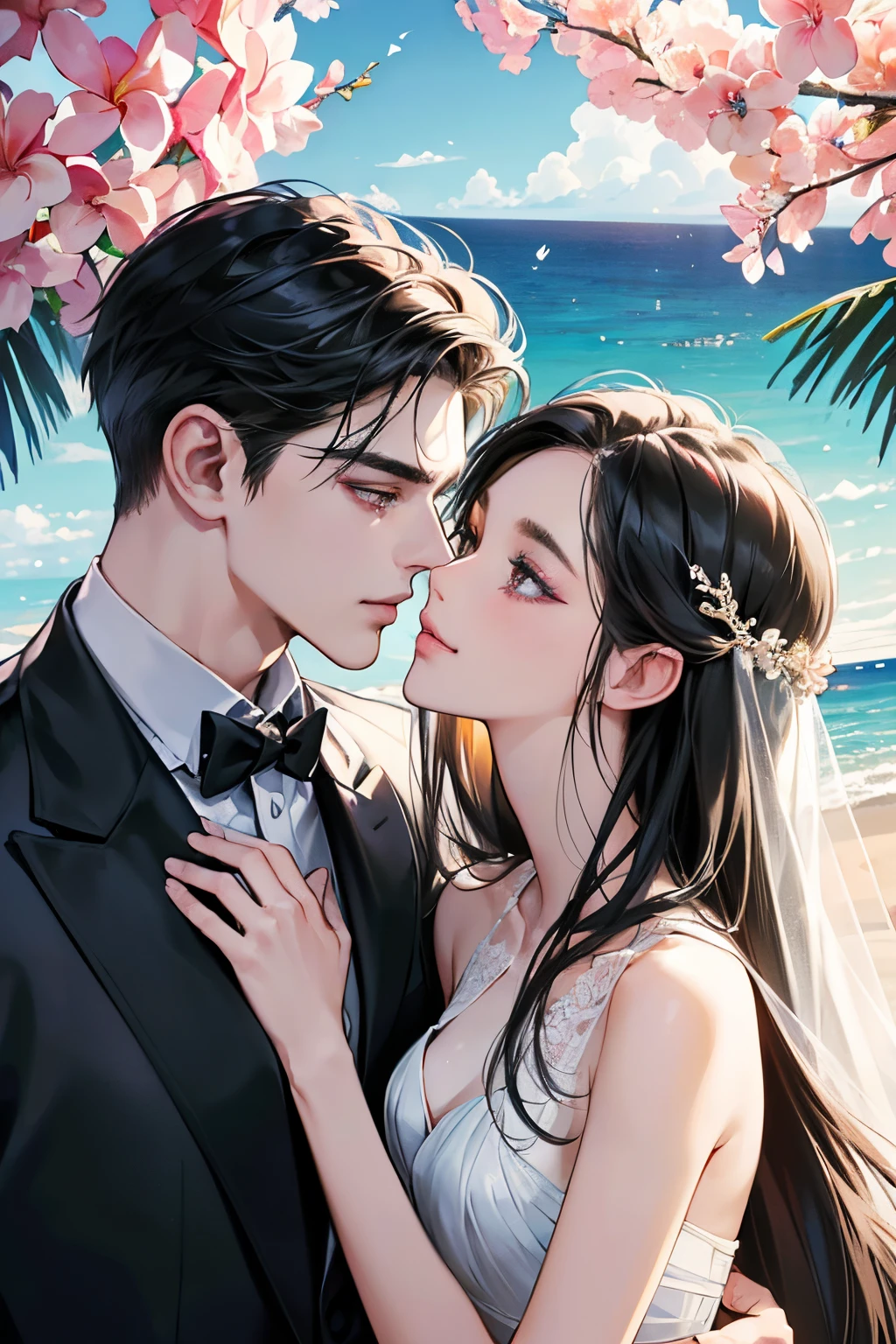 (Tabletop, Digital Art, Digital Illustration, 4K, 8k, Super detailed, Beautiful images, Clear images, Realistic, RAW Photos, Perfect Face, Perfect Lines, Perfect Eyes, Soft lighting) ,1 female, (Long black hair,Straight Hair,Bullish gaze,Beauty,grace,Solid makeup,23 is a novel,Small Tits:1.3),スーツ姿のハンサムなhuman性2人, (human,Muscular,Strong shoulder width, humanのこ,Boyish hairstyles,British Gentleman Style,クールな表情の30代human性,明るい笑顔の28歳human性:1.2),白い歯を見せてsmile(Embarrassing,A shy smile:1.1),coastal,Beach,Beachwedding style、An innocent smile,smile、couple kissing、kiss、the kiss、Romance、Mermaid Line wedding style Dresses、wedding style、Bouquet of roses、wedding style