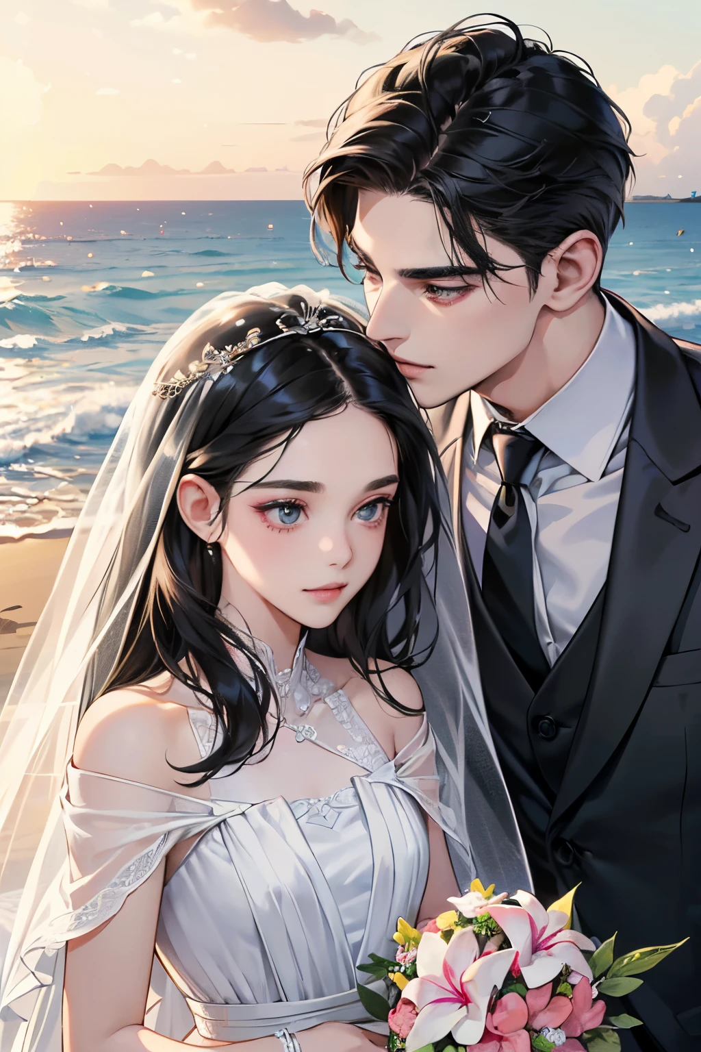 (masutepiece, Digital Art, Digital Illustration, 4K, 8K, Ultra-detailed, beautiful image, Sharp Image, Photorealistic, Raw photo, Perfect face, Perfect lines, Perfect eyes, Soft lighting) ,1 woman, (Long Black Hair,straight haired,Bullish gaze,Beautie,ellegance,Solid makeup,23 y-o woman,small tits:1.3),Two handsome men in suits, (ember,well-muscled,Firm shoulder width,Adult male,Boyish hairstyle,English gentlemanly style,Man in his 30s with a cool expression,28-year-old man with bright smile:1.2),Show white teeth and smile(embarrassed from,Shy smile:1.1),shores,Beach,beach wedding、innocent smiles,Laugh、couple kissing、kiss、the kiss、Romance、weddingdress、Wedding、seaside chapel、veils、Bouquet of plumeria、