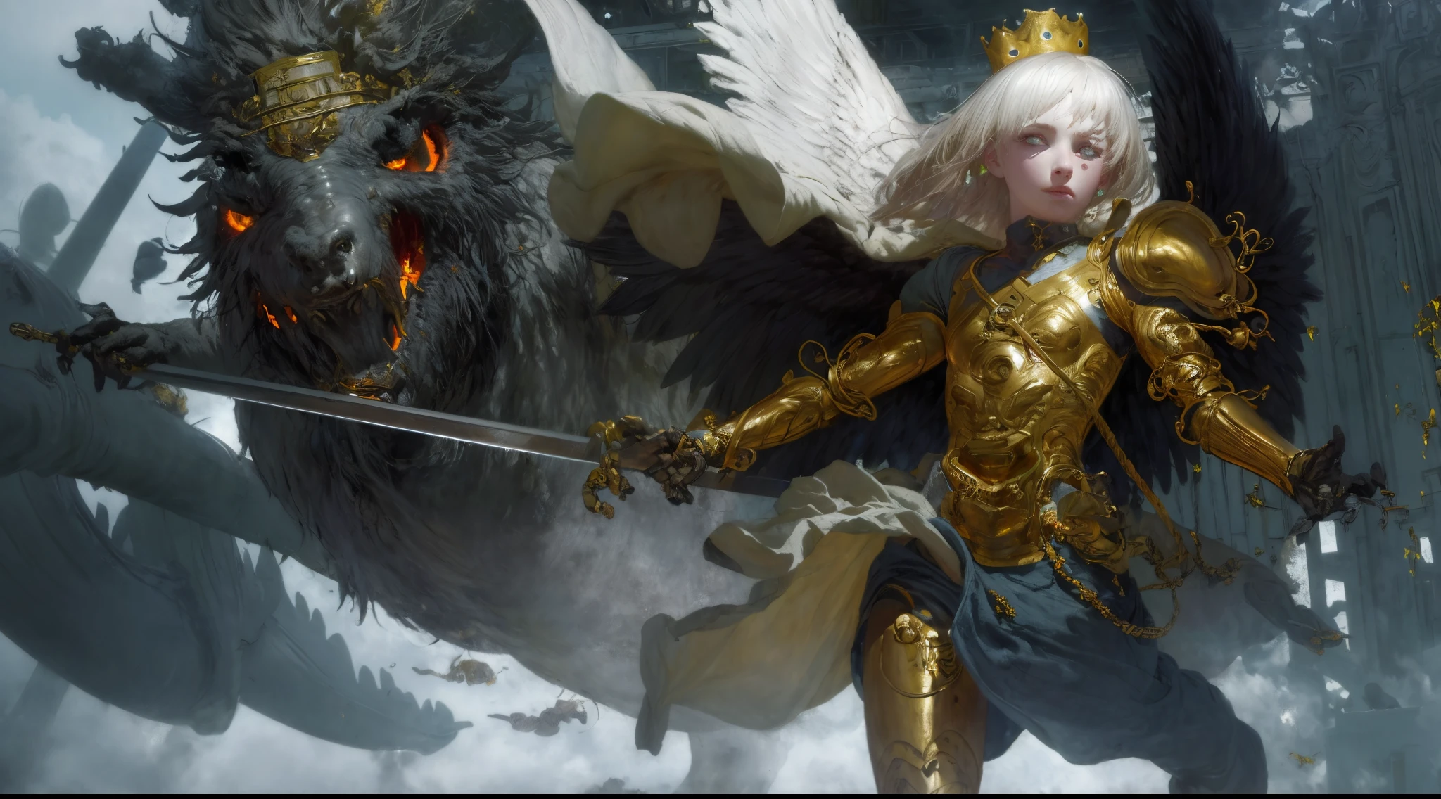 (masterpiece:1.2, best quality:1.1),8K,exquisite details,HD,best illustration,wallpaper,exquisite details,8K HD wallpaper:1.6 1girl,yo,Golden pupil,((Golden eye)),Golden iris,shine: 1.6 Sword Shield, Griffin, Wings, Banner, Streamer, Emerald, Crown, Chest Exposed, Armor Break, Industrial, Diesel Punk, Carved Armor: 1.4, Scratch: 1.2, Combat Damage, Wounds. -v5