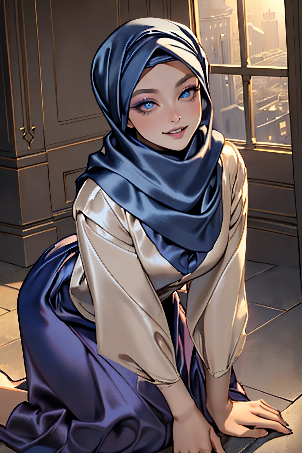 (Masterpiece, realistic, best quality, best lighting, 1 girl photo solo, beautifully makeup, eyeshadow, Parted Lips, Detailed Eyes, beautiful big eyes, long eye lashes, smile, wearing ((Dark blue satin headscarf)), loosely tide hijab style, ((Taupe satin shirt)), satin long skirt, walking on trails