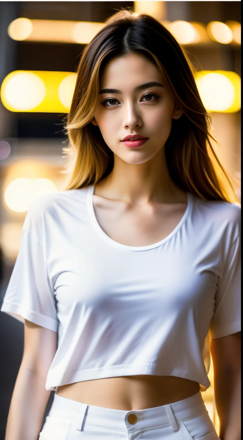 Fashion model 20 years old [[[[closeup cleavage]]]], [[[[boobgasm]]]], [[[[coll]]]], [[[[bshoulders]]]], perfect  eyes, Perfect iris，perfect lips，perfect teeth，Perfect skin，Soft front light，with light glowing，HDR，Pure white costume，T-shirt，Cropped pants，fully body photo，4K Ultra HD, 超高分辨率, (Photorealistic: 1.4), Best quality，Masterpiece，Utra dilution，（pastel colour：1.2）