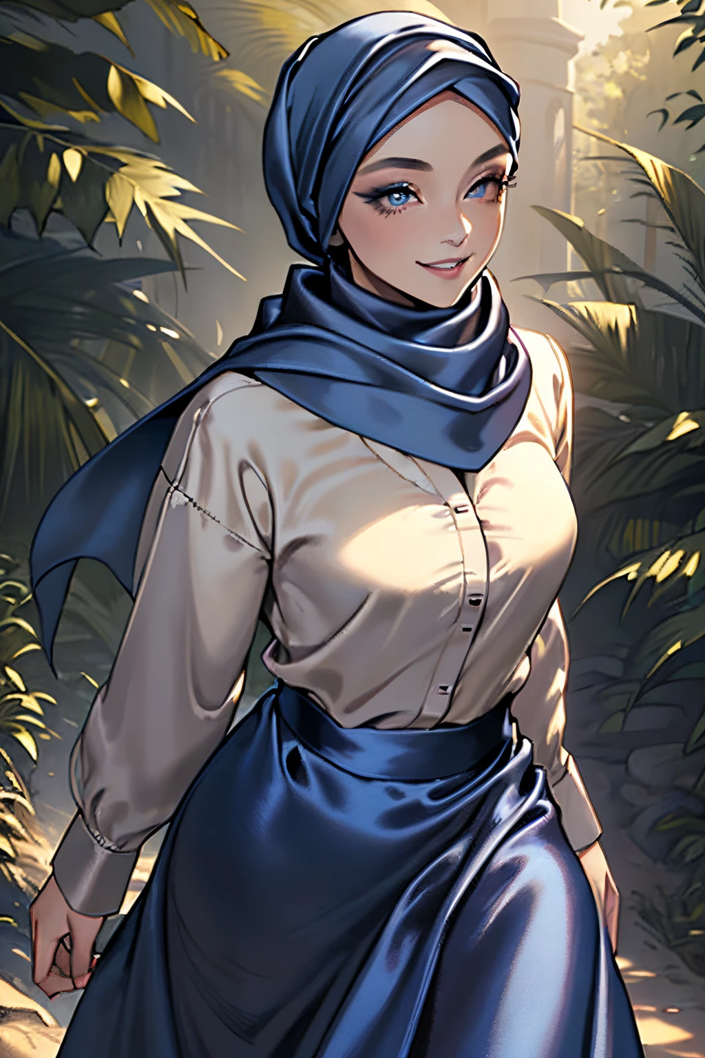 (Masterpiece, realistic, best quality, best lighting, 1 girl photo solo, beautifully makeup, eyeshadow, Parted Lips, Detailed Eyes, beautiful big eyes, long eye lashes, smile, wearing ((Dark blue satin headscarf)), loosely tide hijab style, ((Taupe satin shirt)), satin long skirt, walking on trails